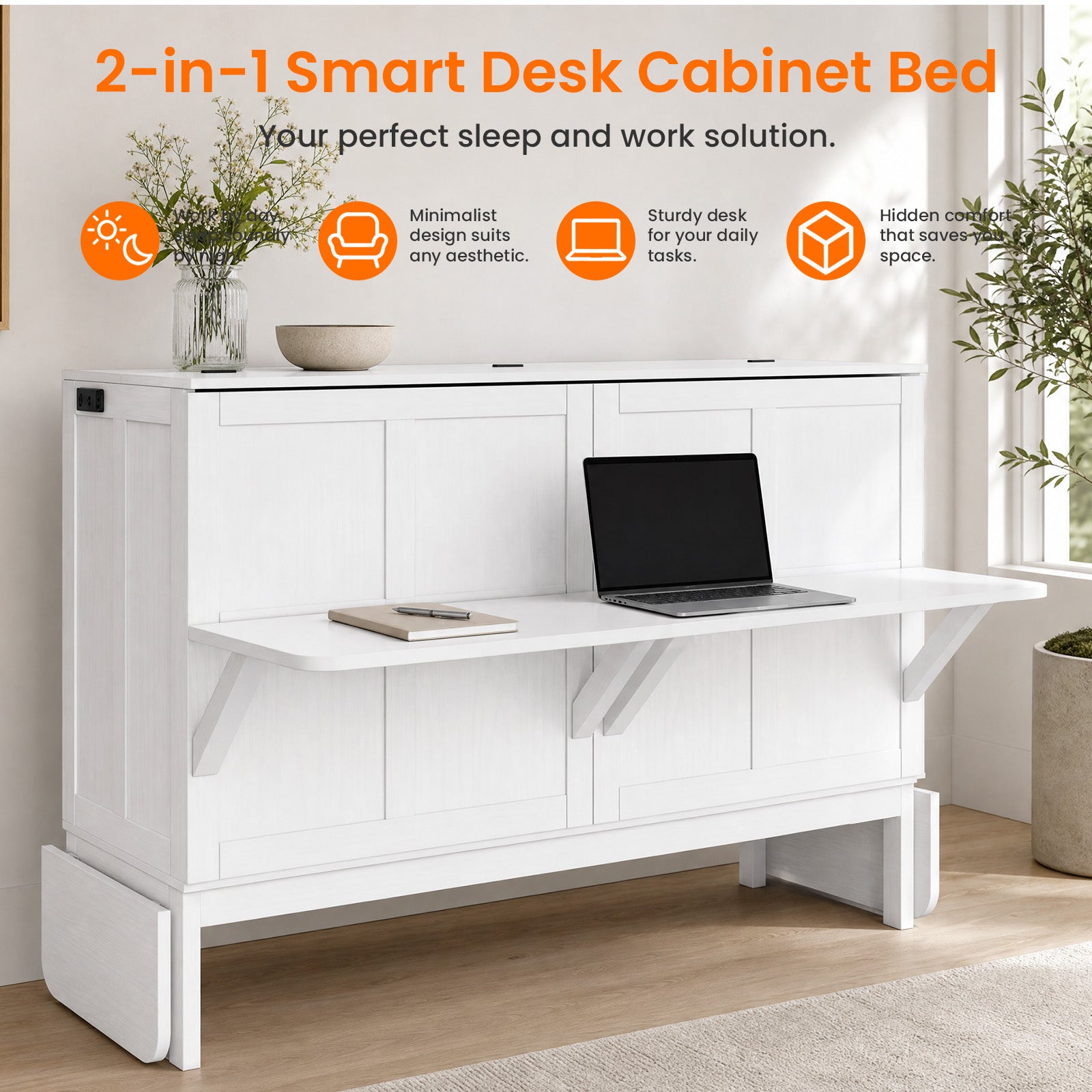 Puremind Murphy Bed with Mattress & Desk, Hideaway Wall Bed with Charging Port, Folding Cabinet Bed for Home/Small Space