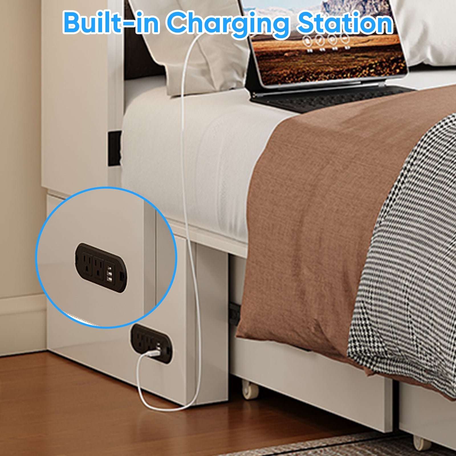Puremind Queen Size Murphy Bed with Mattress, Murphy Cube Cabinet Bed with USB Charging Station and Large Storage Drawer, Murphy Chest Bed for Guest Room/Home/Office