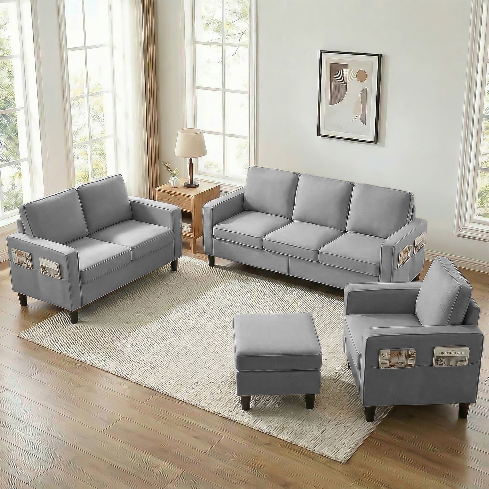 Puremind Sofa Set with Storage Ottoman, Living Room Furniture Sets, Linen Sectional Couch Sets for Living Room/Apartment