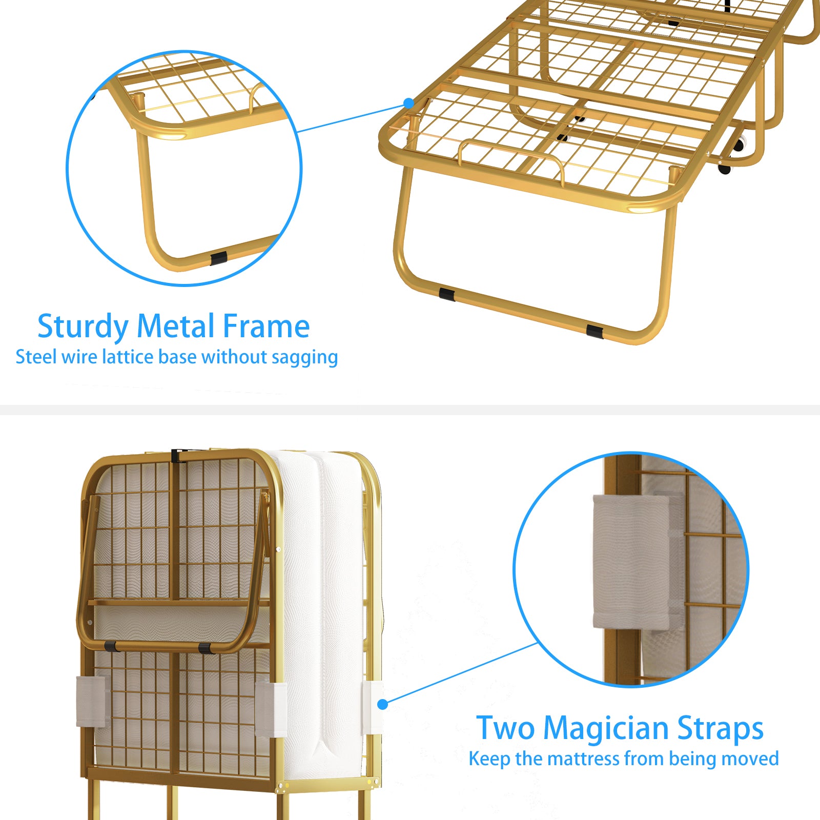 Puremind Folding Bed with Foam Mattress, Metal Bed Frame, Single Rollaway Bed, Easy Assembly & Moving, Gold