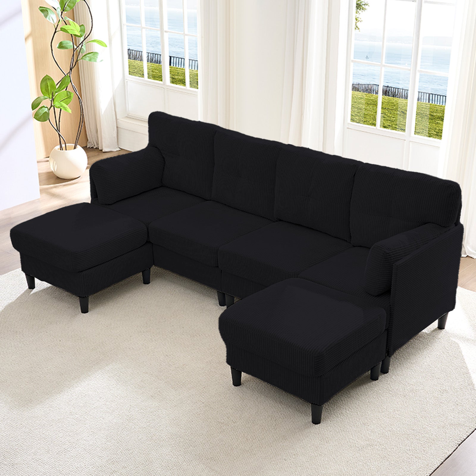 Puremind U Shaped Sofa with 2 Movable Ottomans, Corduroy Modular Sectional Couch for Living Room/Apartment