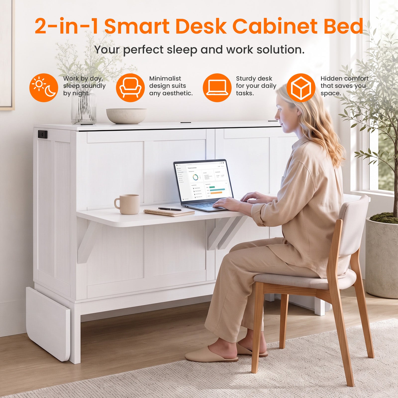 Puremind Murphy Bed with Mattress & Desk, Hideaway Wall Bed with Charging Port, Folding Cabinet Bed for Home/Small Space