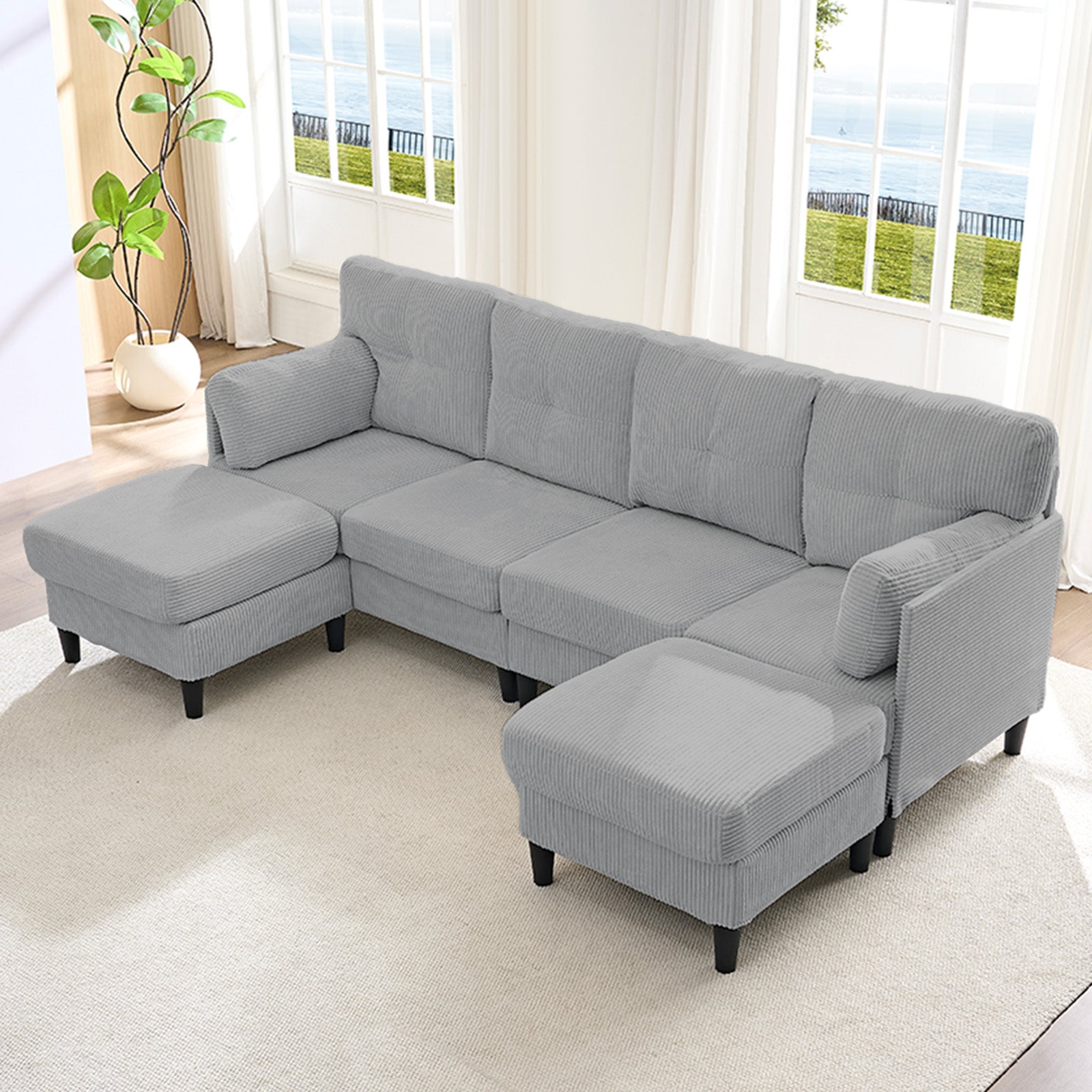 Puremind U Shaped Sofa with 2 Movable Ottomans, Corduroy Modular Sectional Couch for Living Room/Apartment