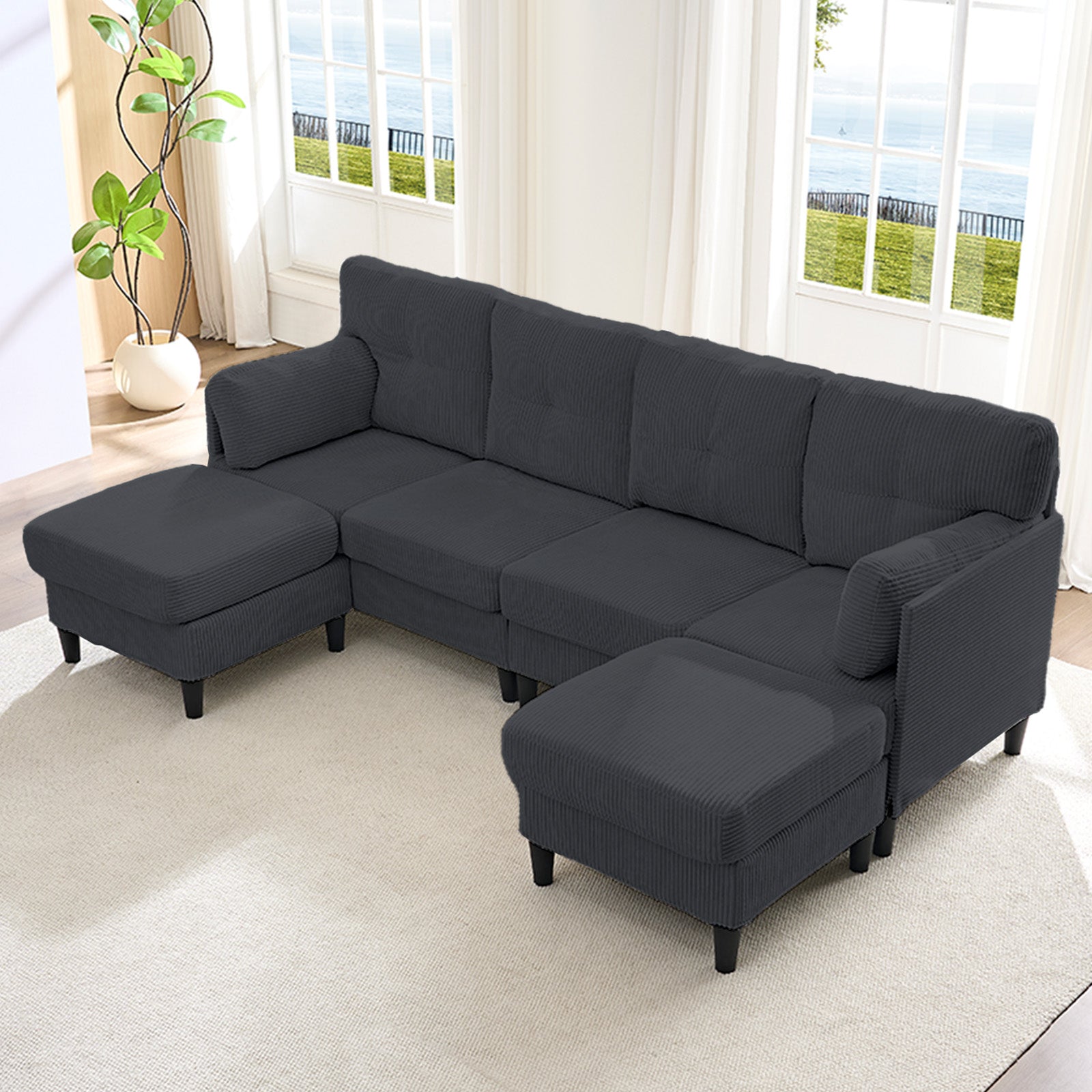Puremind U Shaped Sofa with 2 Movable Ottomans, Corduroy Modular Sectional Couch for Living Room/Apartment