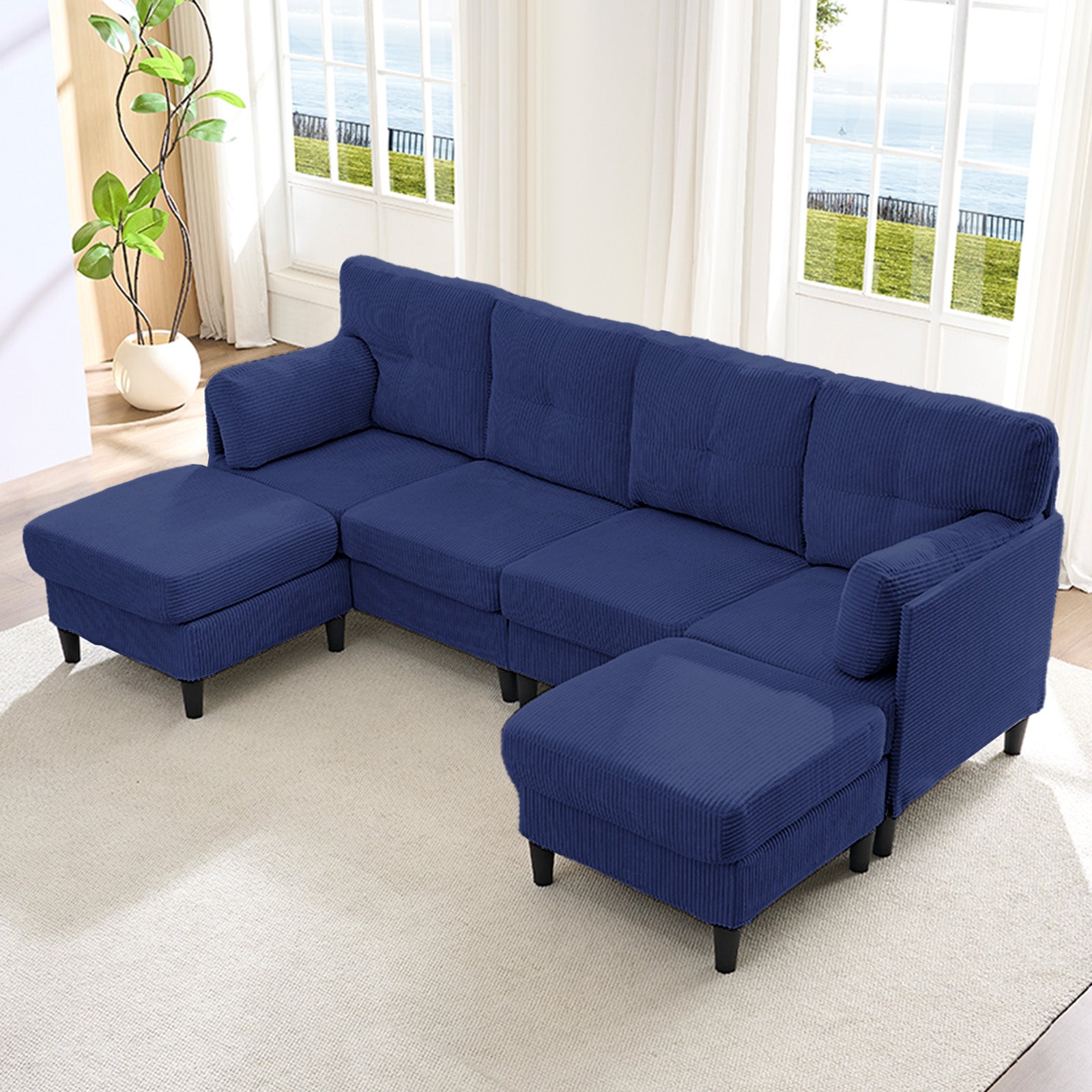 Puremind U Shaped Sofa with 2 Movable Ottomans, Corduroy Modular Sectional Couch for Living Room/Apartment