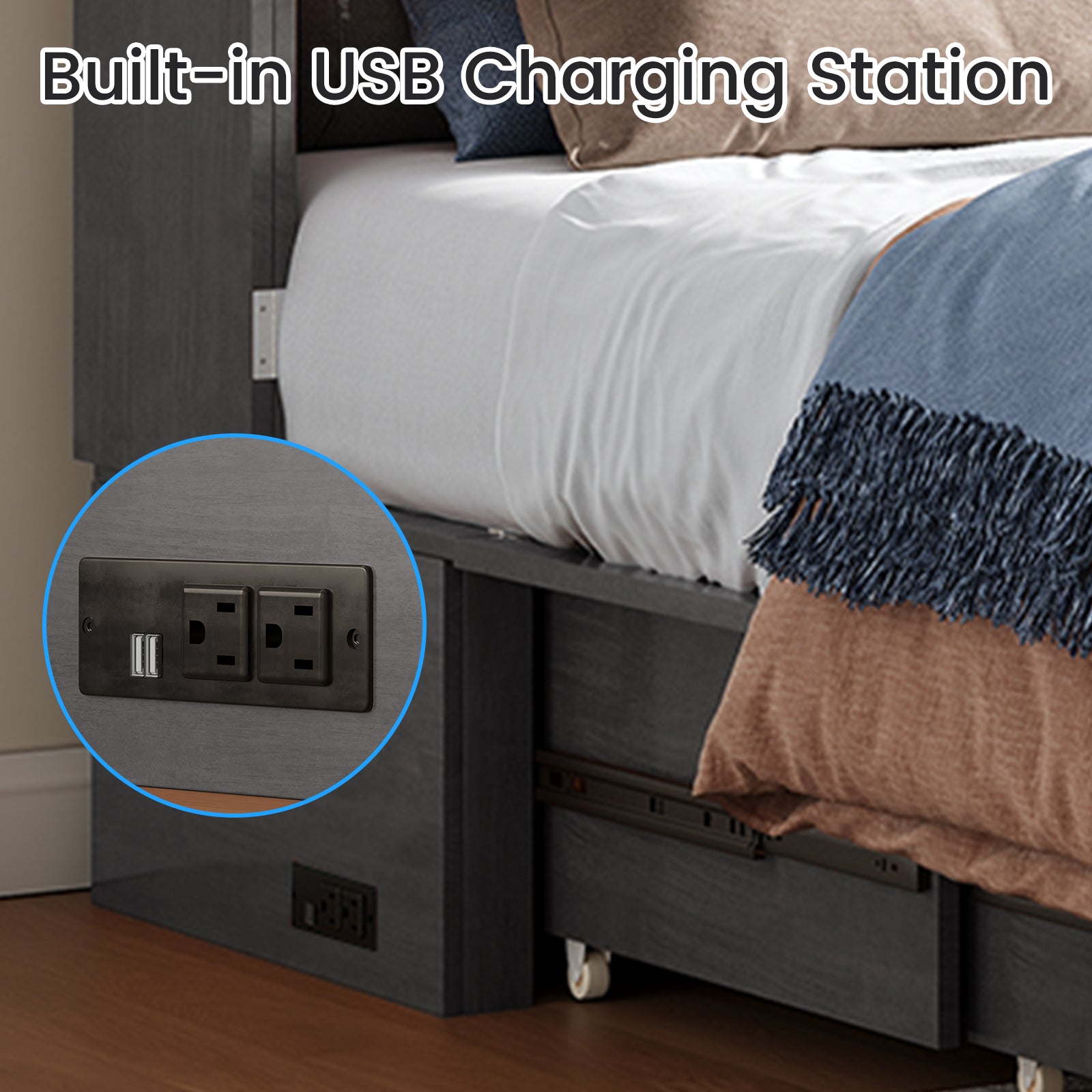 Puremind Solid Wood Murphy Bed, Queen Size Cabinet Bed with Charging Port and Storage Drawer for Guest Room/Home/Office