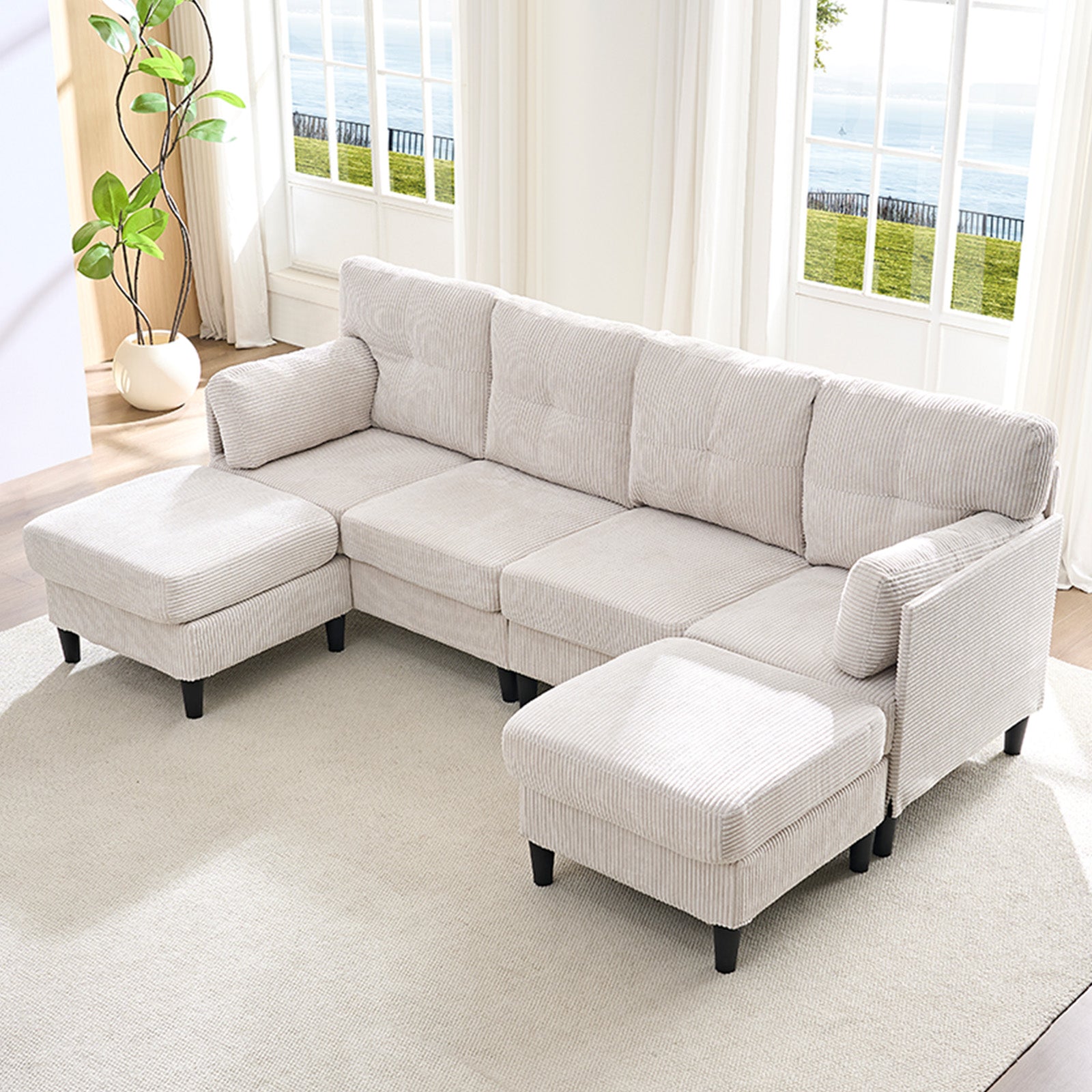 Puremind U Shaped Sofa with 2 Movable Ottomans, Corduroy Modular Sectional Couch for Living Room/Apartment