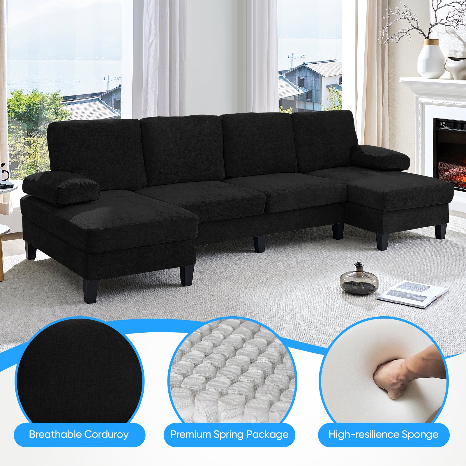 Puremind 110" U Shaped Sofa, Chenille Sectional Couch with Double Chaises, Modern 4 Seat Sofas and Couches for Living room/Apartment
