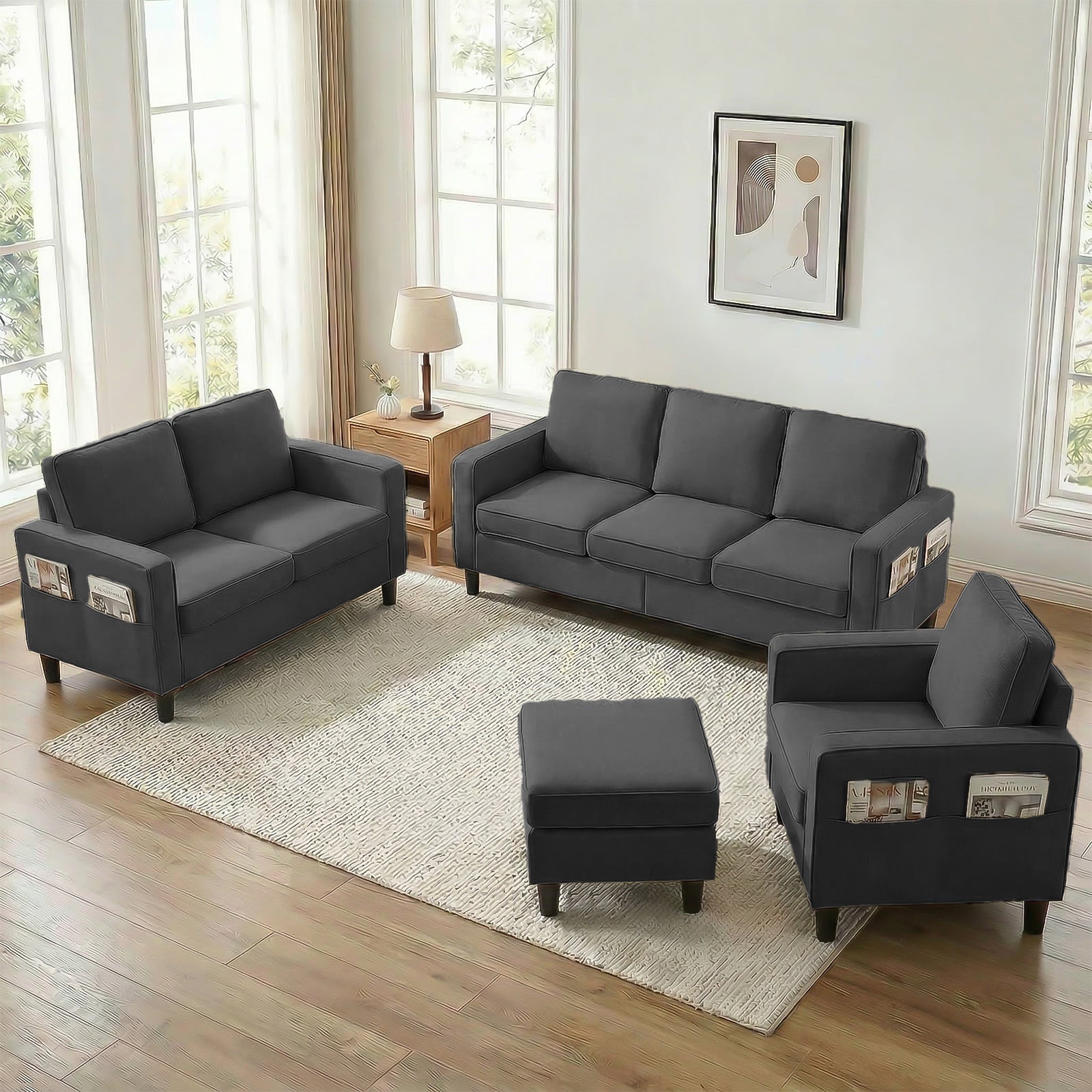 Puremind Sofa Set with Storage Ottoman, Living Room Furniture Sets, Linen Sectional Couch Sets for Living Room/Apartment