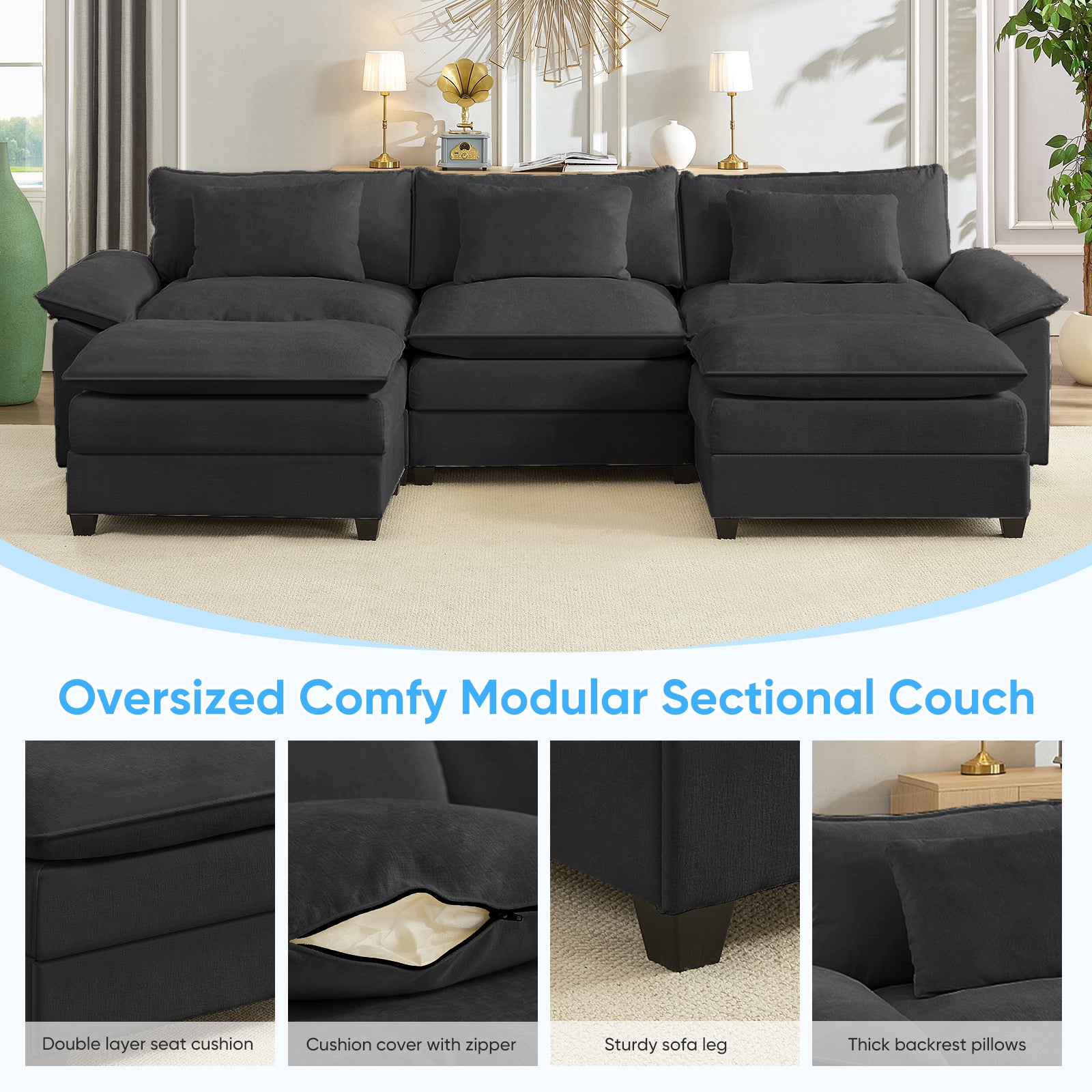Puremind 118" Oversized Modular Sectional Sofa, Chenille U Shaped Cloud Couch, 30" Deep Seat Couch with Movable Ottomans for Living Room/Apartment