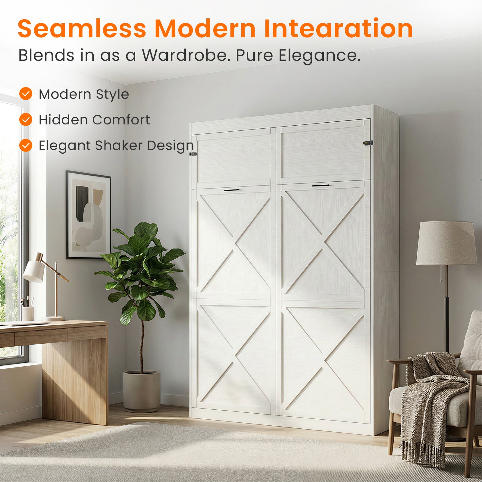 Puremind Murphy Bed with LED Lights, Hidden Murphy Wall Bed with Gas-Lift, Cabinet Bed for Bedroom/Guest Room, Without Mattress