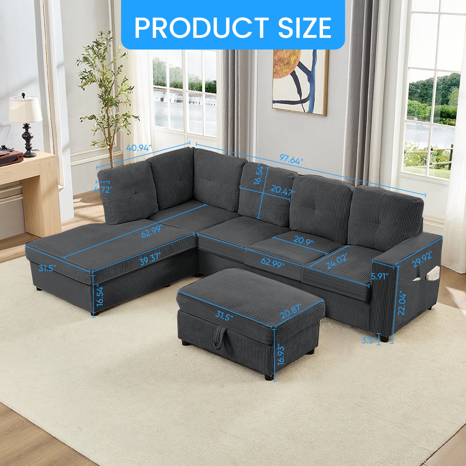 Puremind L Shaped Sectional Couch with Movable Storage Ottoman for Living Room, Corduroy U Shaped Sofa, Convertible Sleeper Sofa with Cup Holder