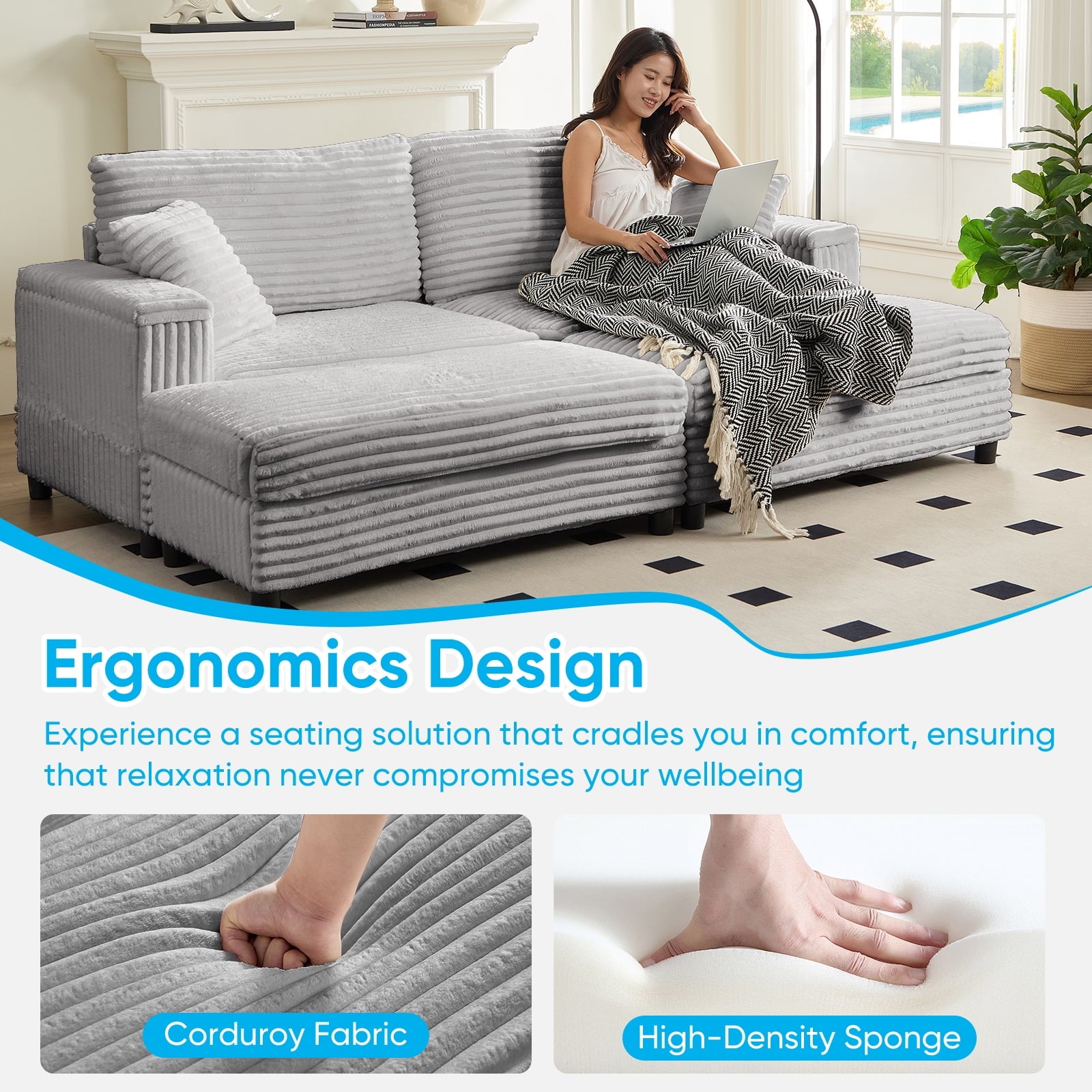 Mjkone 85’’ Loveseat Sectional Sofa with 2 Ottoman,Corduroy Deep Seat Couch with Storage Armrests Living Room Furniture,