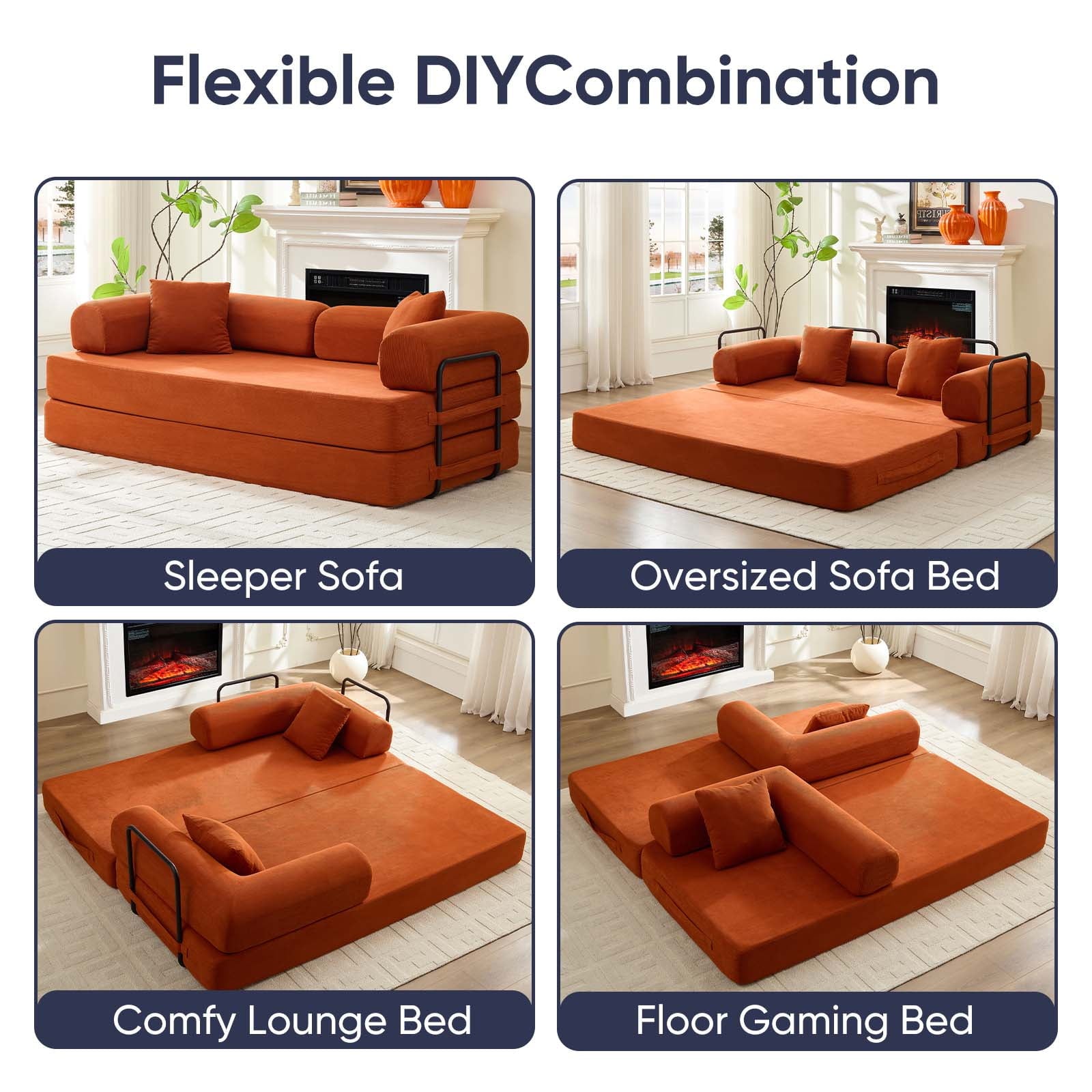ZAFLY Convertible Sleeper Sofa Bed, Corduroy Boneless Couch with Removable Armrests, Floor Gaming Sofa for Living Room/Small Space