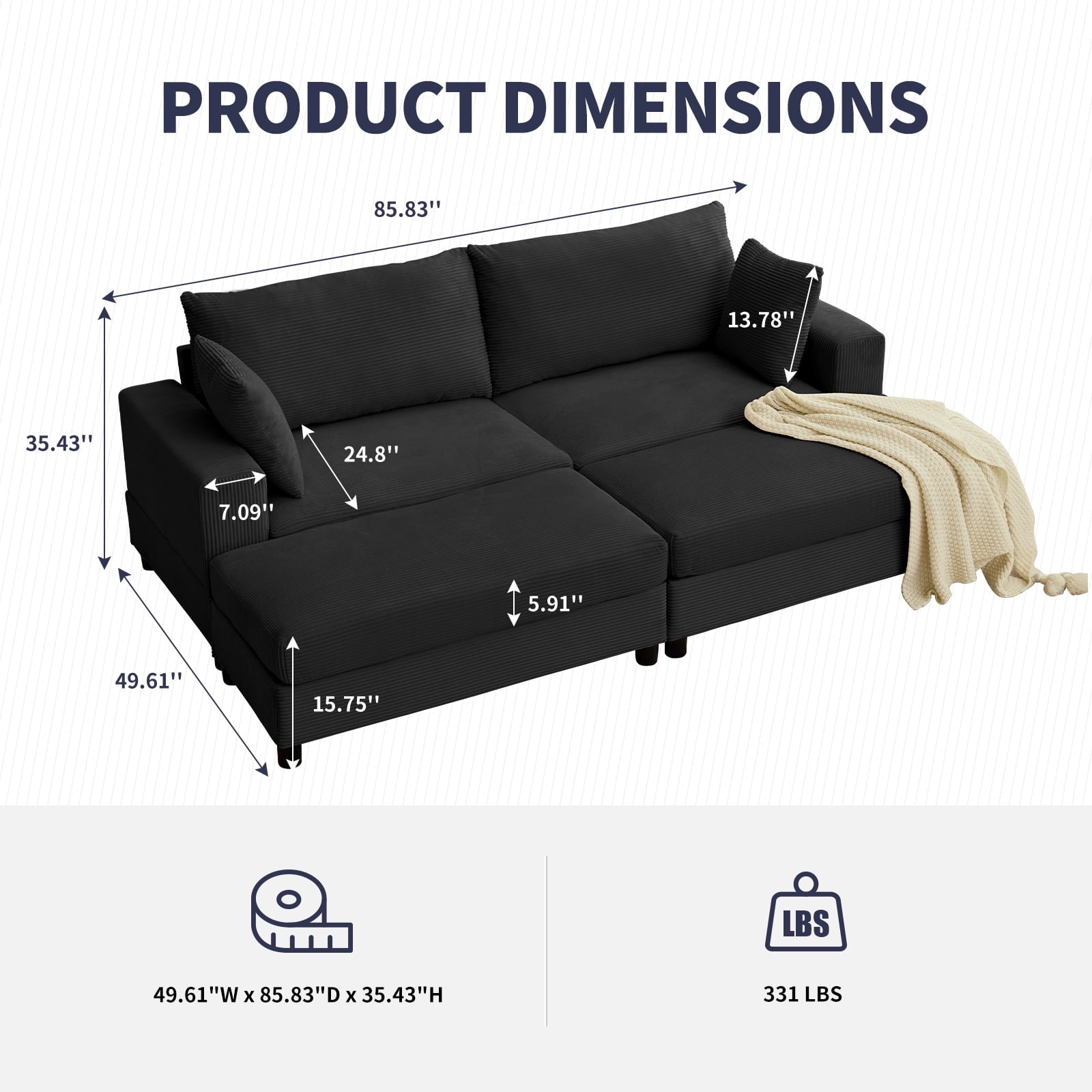 ZAFLY 85” Black Sectional Sofa with Chaise, Oversized Loveseat Deep Seat Couch, Corduroy Sleeper Sofa for Small Spaces/Apartment