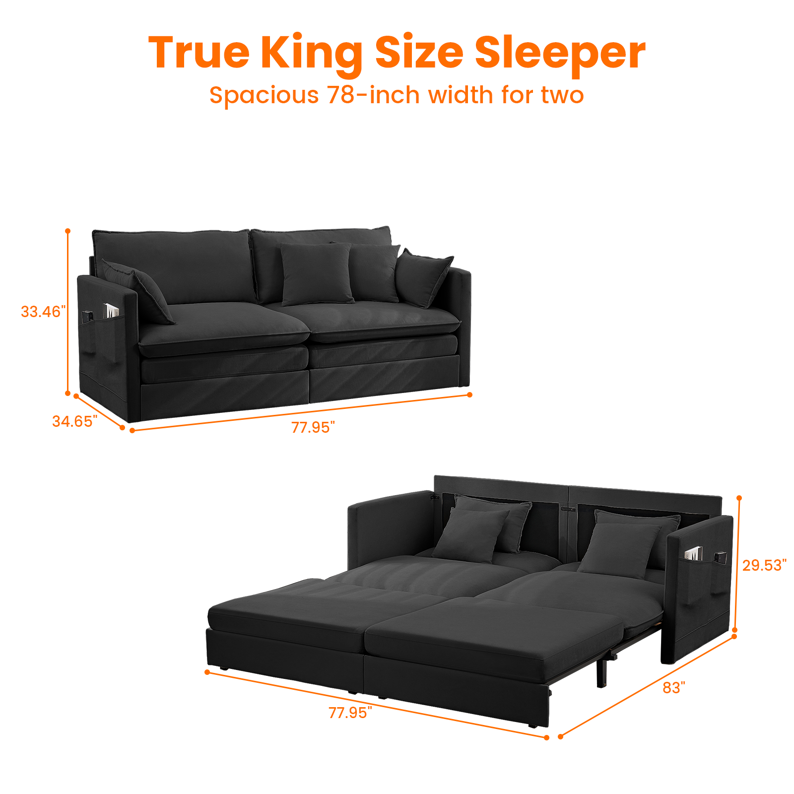 Puremind 78"W 3 in 1 Pull Out Sofa Bed, Queen Sleeper Couch with Side Pockets, Sofa with Pull Out Bed for Living Room/Apartment/Small Spaces