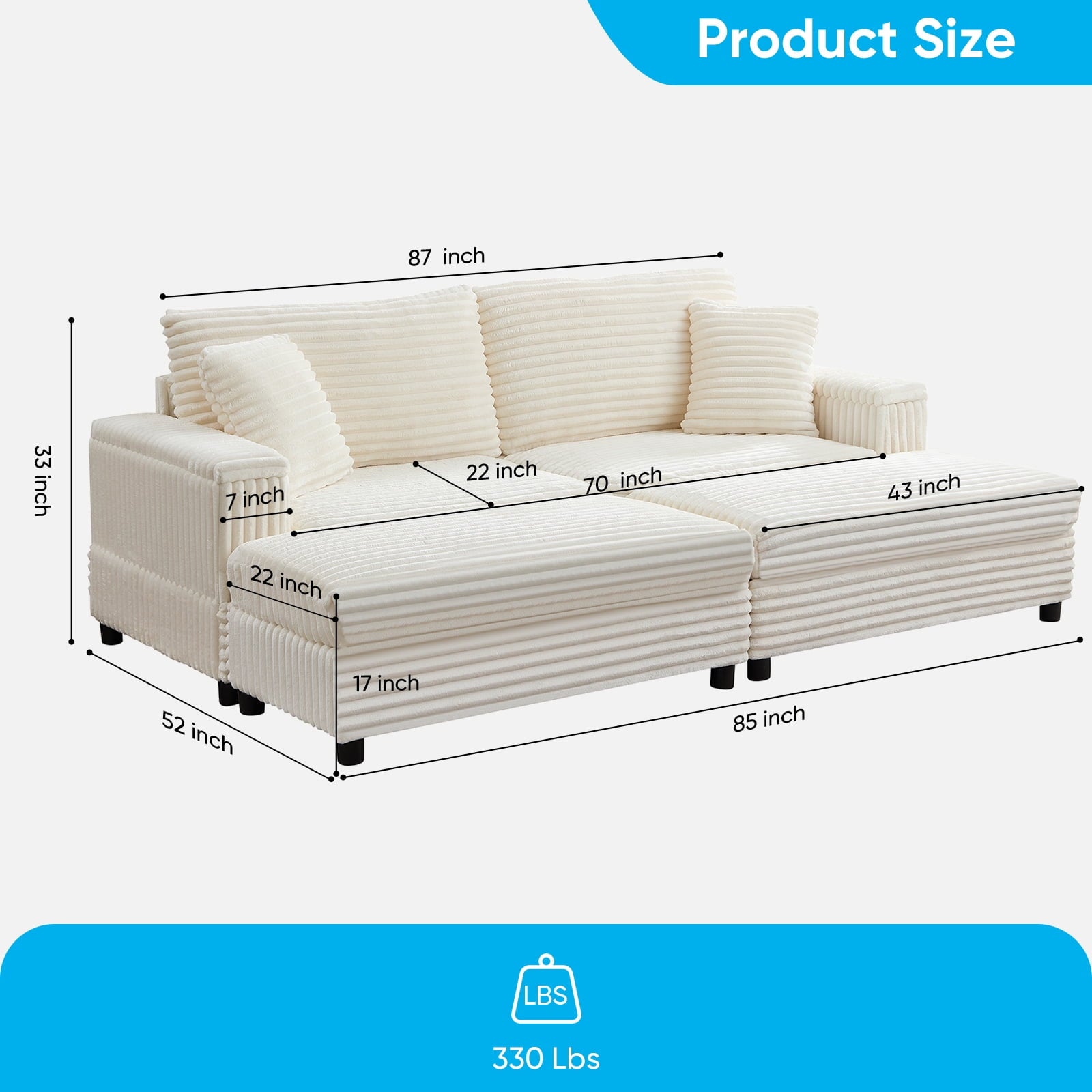 Mjkone 85’’ Loveseat Sectional Sofa with 2 Ottoman,Corduroy Deep Seat Couch with Storage Armrests Living Room Furniture,