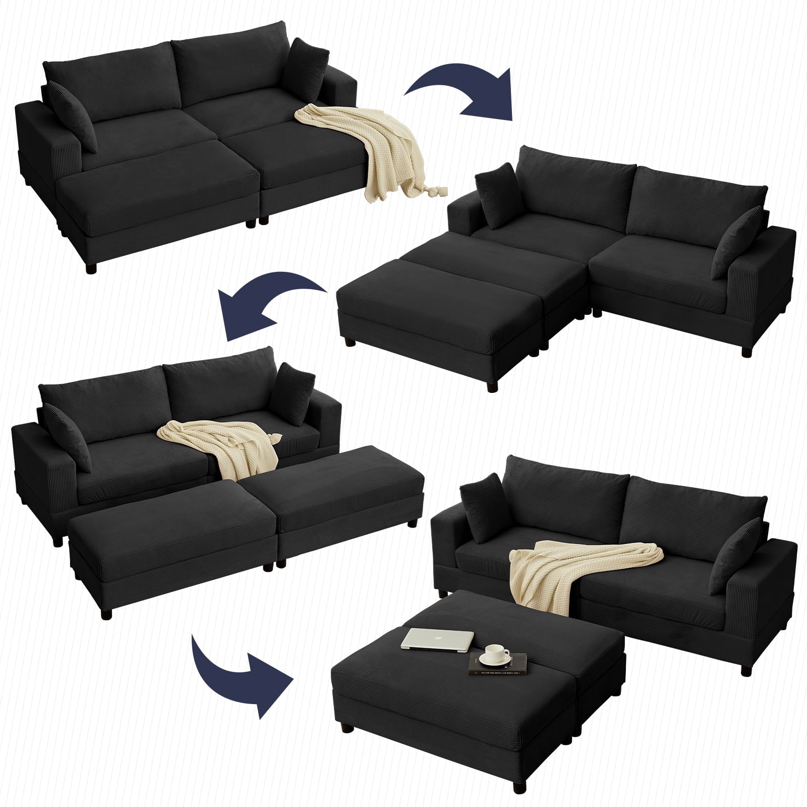 ZAFLY 85” Black Sectional Sofa with Chaise, Oversized Loveseat Deep Seat Couch, Corduroy Sleeper Sofa for Small Spaces/Apartment