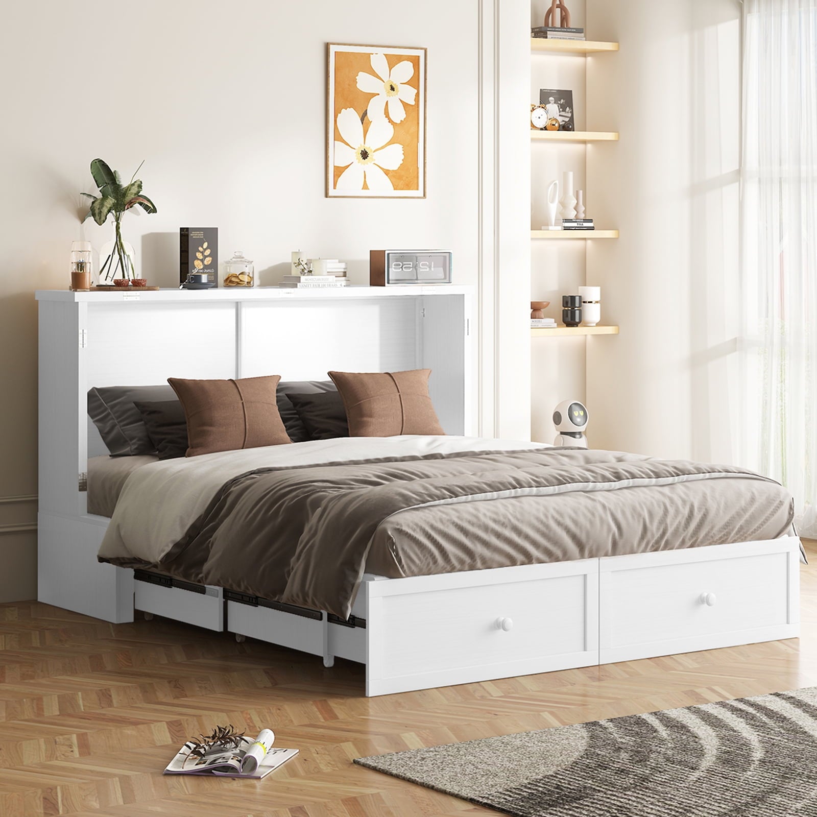 Puremind Queen Size Murphy Bed with Foldable Mattress, Cabinet Bed with Storage Drawer and Charging Ports, Murphy Bed Furniture for Bedroom/Office,