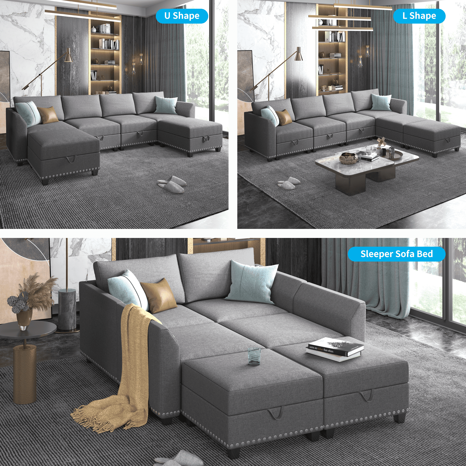 Mjkone U Shaped Sectional Sofa with Storage, 6 Seater Modular Sectional Sofa with Nailhead Trim, Oversized Sleeper Sofa Couch Bed, Convertible Couches for Living Room,Free Combination
