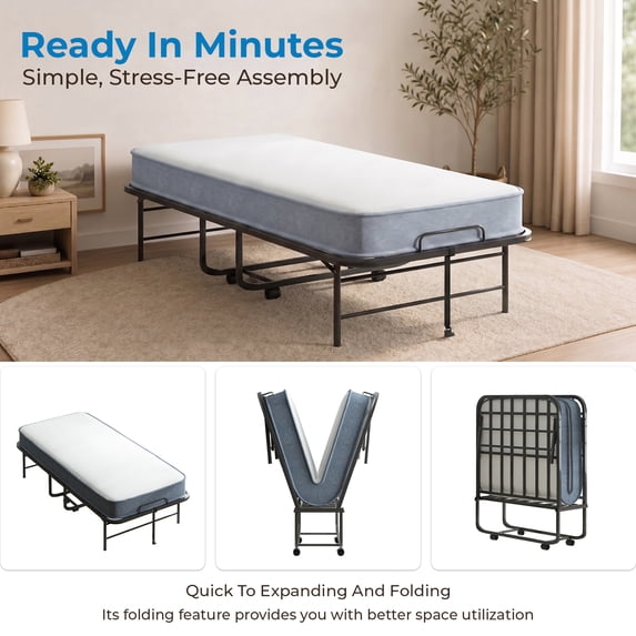 Mjkone Folding Bed with Mattress,75" x 38"Rollaway Bed for Adults with Dust Cover,Twin Size Rollaway Bed with Lockable Wheels for Small Space