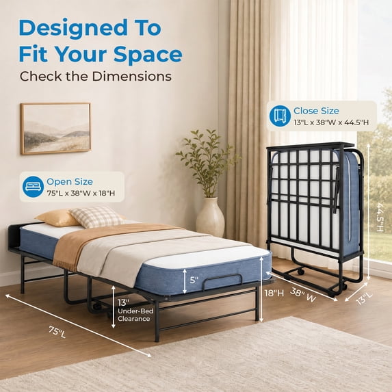 Mjkone Folding Bed with Mattress, Rollaway Fold Up Bed for Small Space, Foldable Bed with Lockable Wheels