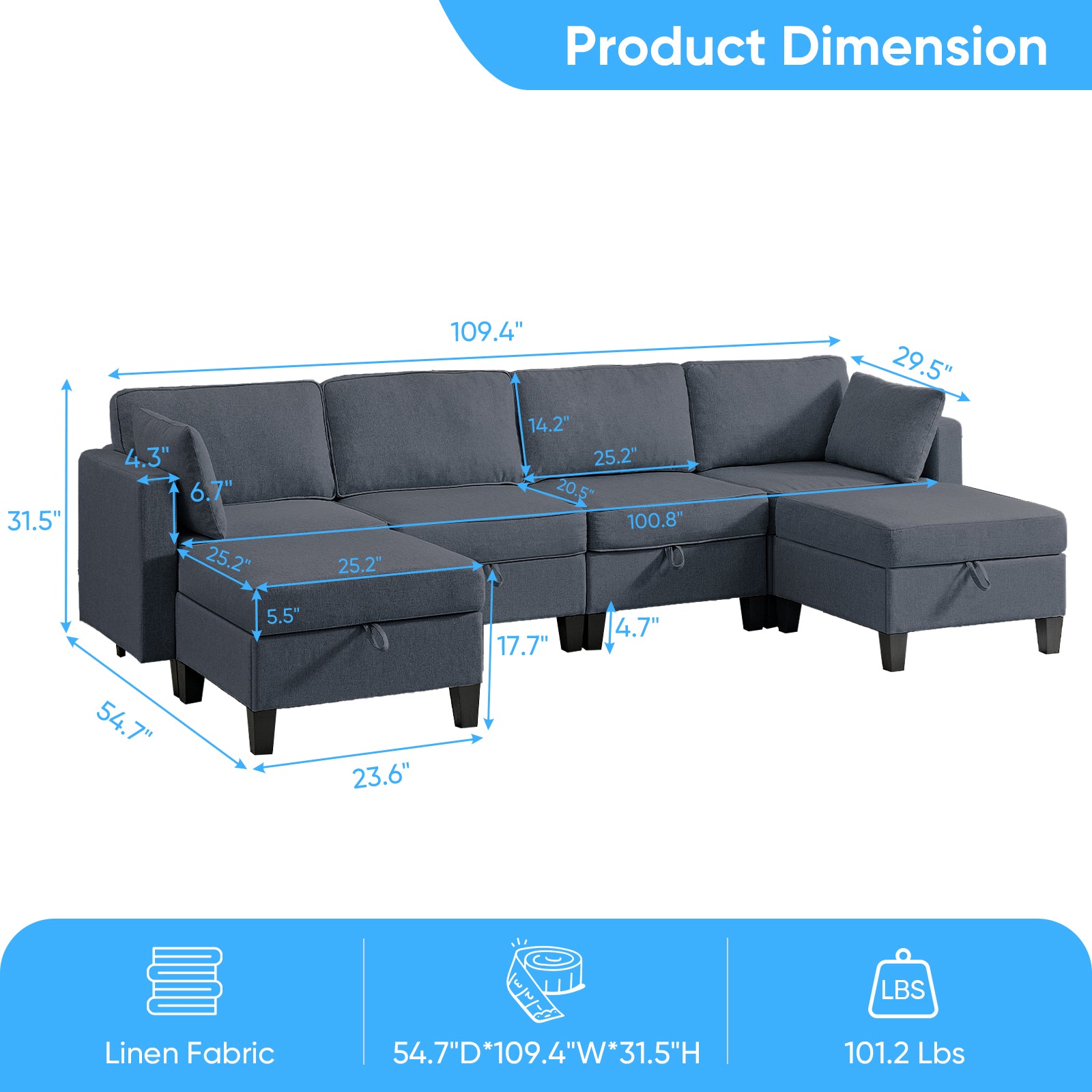 Puremind 6 Piece Modular Sectional Sofa with Storage, U/L Shaped Sectional Couch with Movable Ottoman, Convertible Sleeper Sofa for Living Room/Apartment
