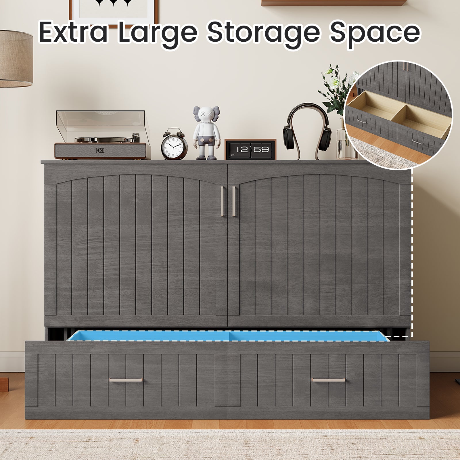 Puremind Solid Wood Murphy Bed, Queen Size Cabinet Bed with Charging Port and Storage Drawer for Guest Room/Home/Office