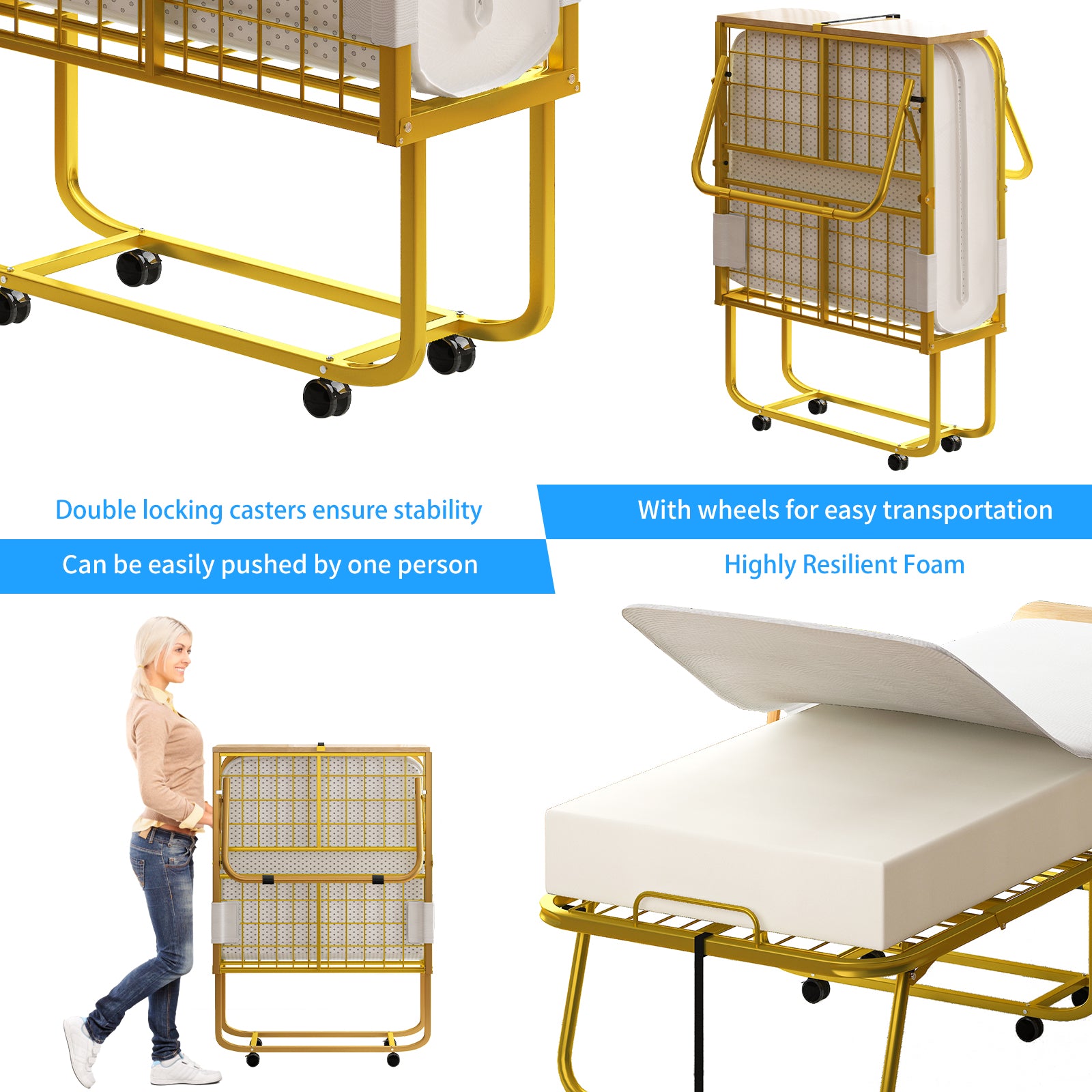 Puremind Folding Bed with 5” Mattress Included, Rollaway Bed for Guests and Families, Space-Saving Temporary Bed with Lockable Rollers (A+), Gold