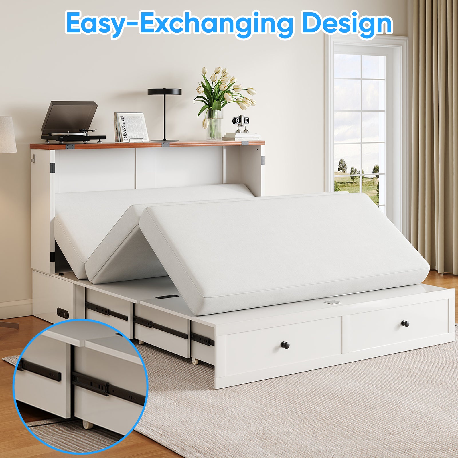 Puremind Queen Size Murphy Bed with Mattress, Murphy Cube Cabinet Bed with USB Charging Station and Large Storage Drawer, Murphy Chest Bed for Guest Room/Home/Office