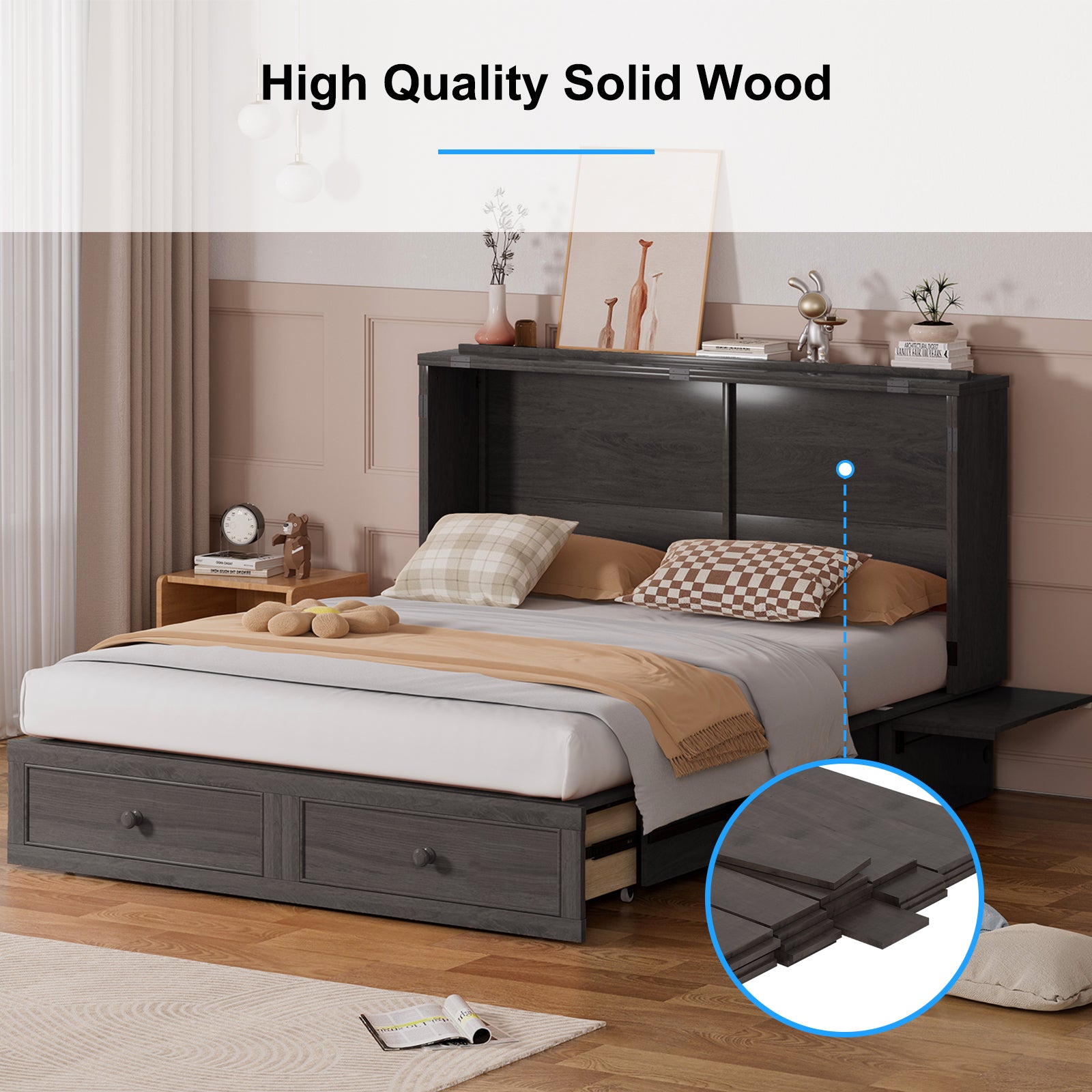 Puremind Queen Size Murphy Bed with Mattress, Murphy Cube Cabinet Bed with USB Charging Station and Large Storage Drawer, Murphy Chest Bed for Small Guest Room/Home/Office