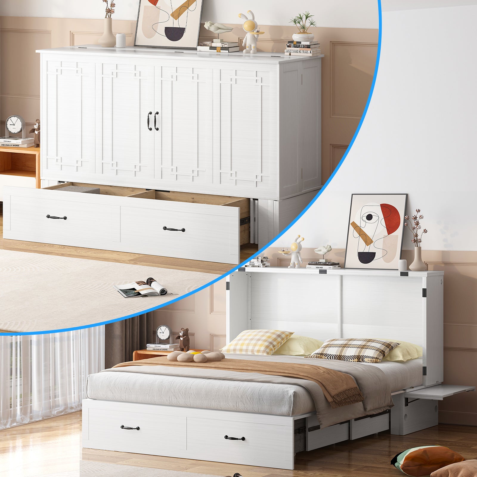 Puremind Queen Murphy Bed with Foam Mattress | Charging Station | Drawer, Foldable Cabinet Bed, Space-Saving Bed for Bedroom/Studio/Guest Room