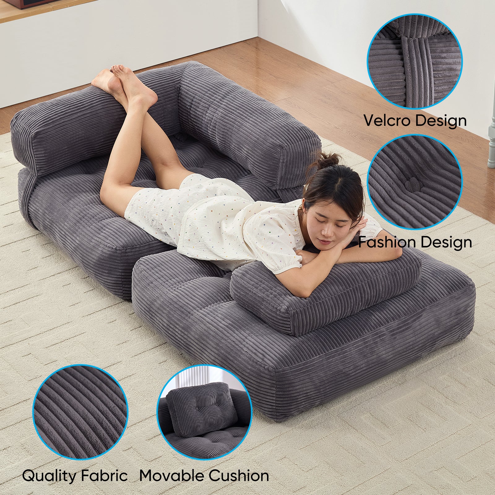 BALUS Convertible Futon Lazy Sofa, Single Floor Sleep Couch For Apartment/ Bedroom, Fold Out Sofa Bed, Corduroy