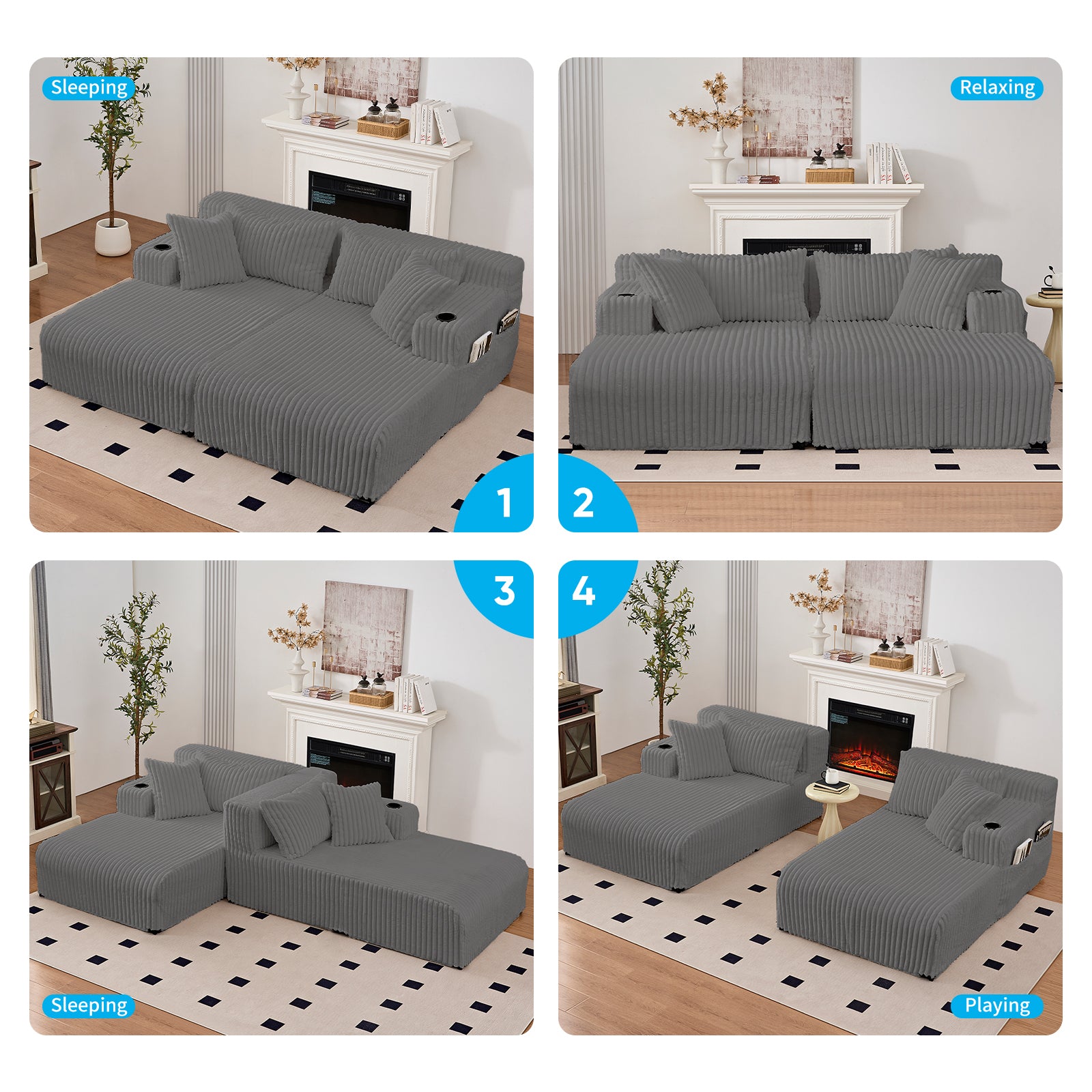 Puremind 85“W Double Chaise Lounge Chair Indoor, Oversized Sectional Corduroy Sofa Bed, Deep Seat Sleeper Loveseat, Cloud Sofa for Living Room/Apartment