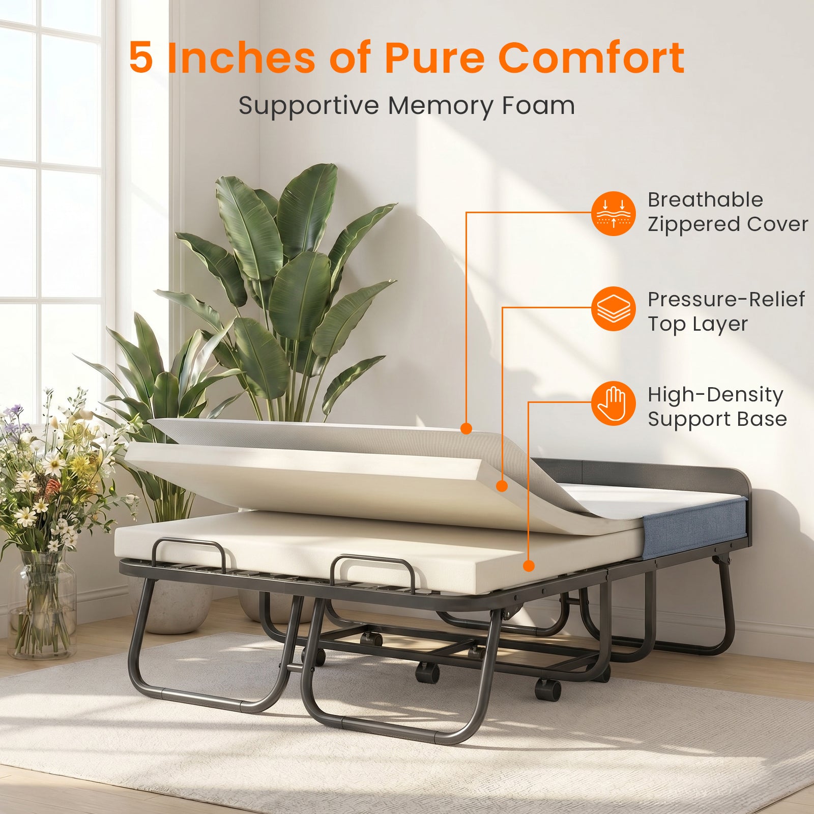 PUREMIND Full Size Folding Bed, 75"X 54" Rollaway Bed with 5 Inch Mattress for Adults, Extra Large Portable Foldable Bed with Headboard