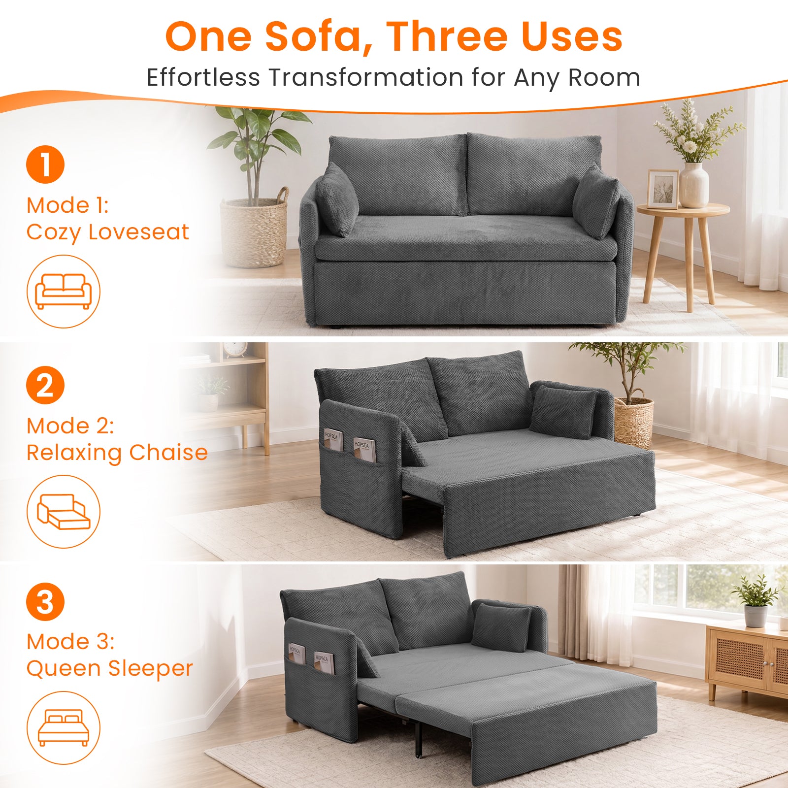 Puremind 66.5" Queen Pull Out Couch Bed with Adjustable Backrest, Bubble Fleece Convertible Sofa Bed with Side Pockets for Living Room/Apartment