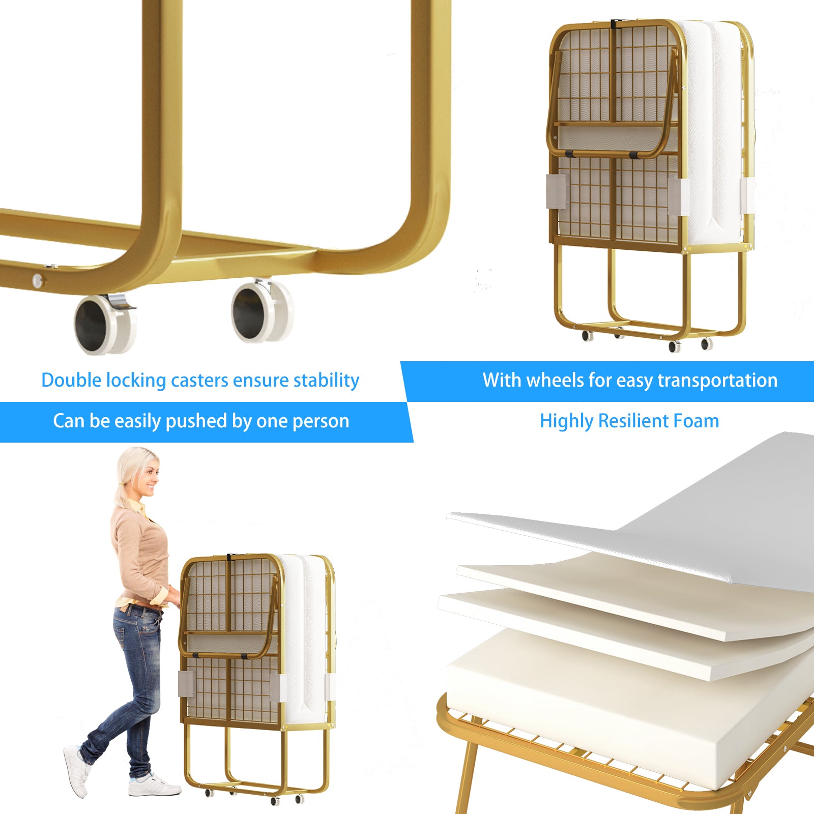 Puremind Folding Bed with Foam Mattress, Metal Bed Frame, Single Rollaway Bed, Easy Assembly & Moving, Gold