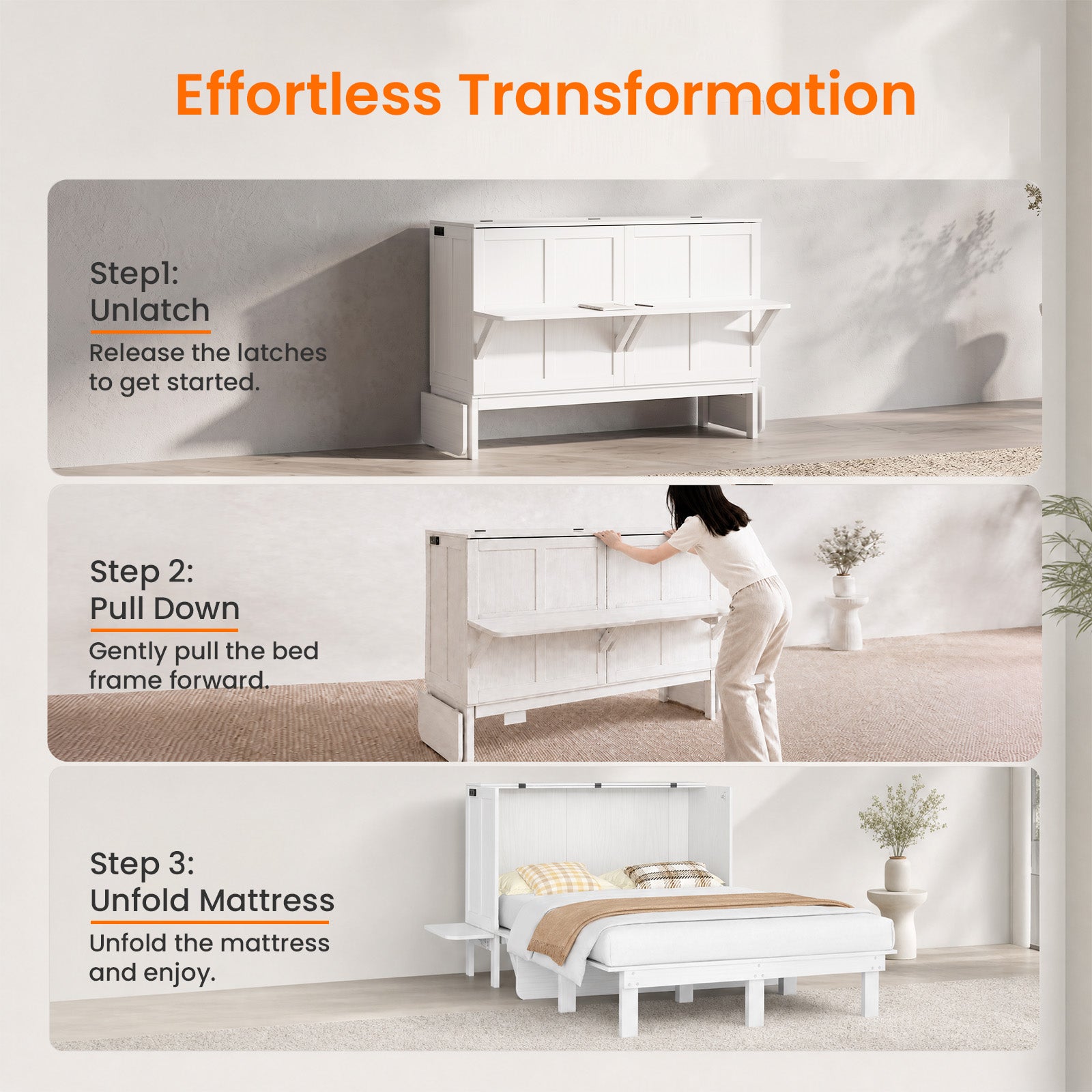 Puremind Murphy Bed with Mattress & Desk, Hideaway Wall Bed with Charging Port, Folding Cabinet Bed for Home/Small Space