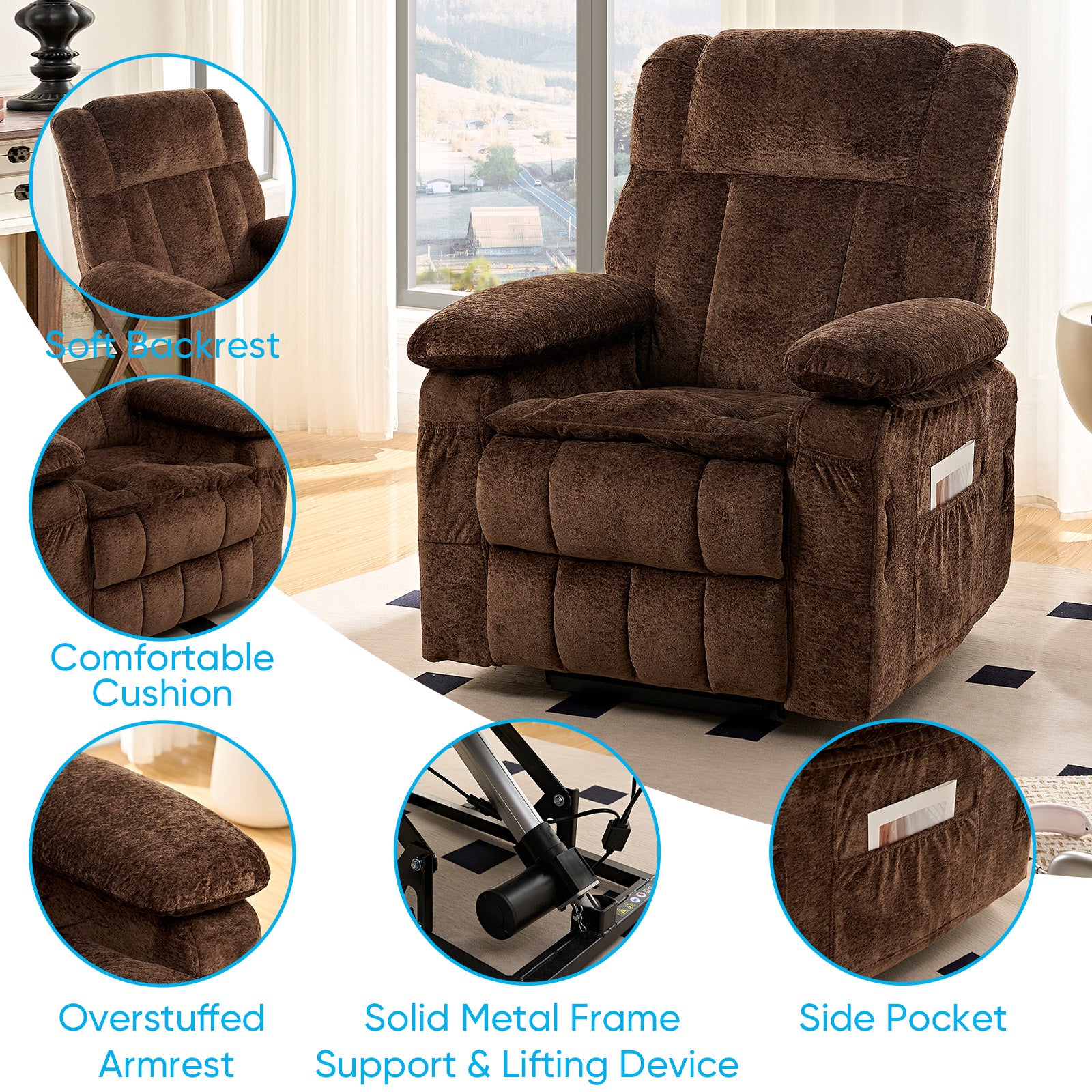 BALUS Oversized Power Lift Recliner with Dual Motor for Elderly, Velvet Arm Chair with Heat and Massage for Living Room