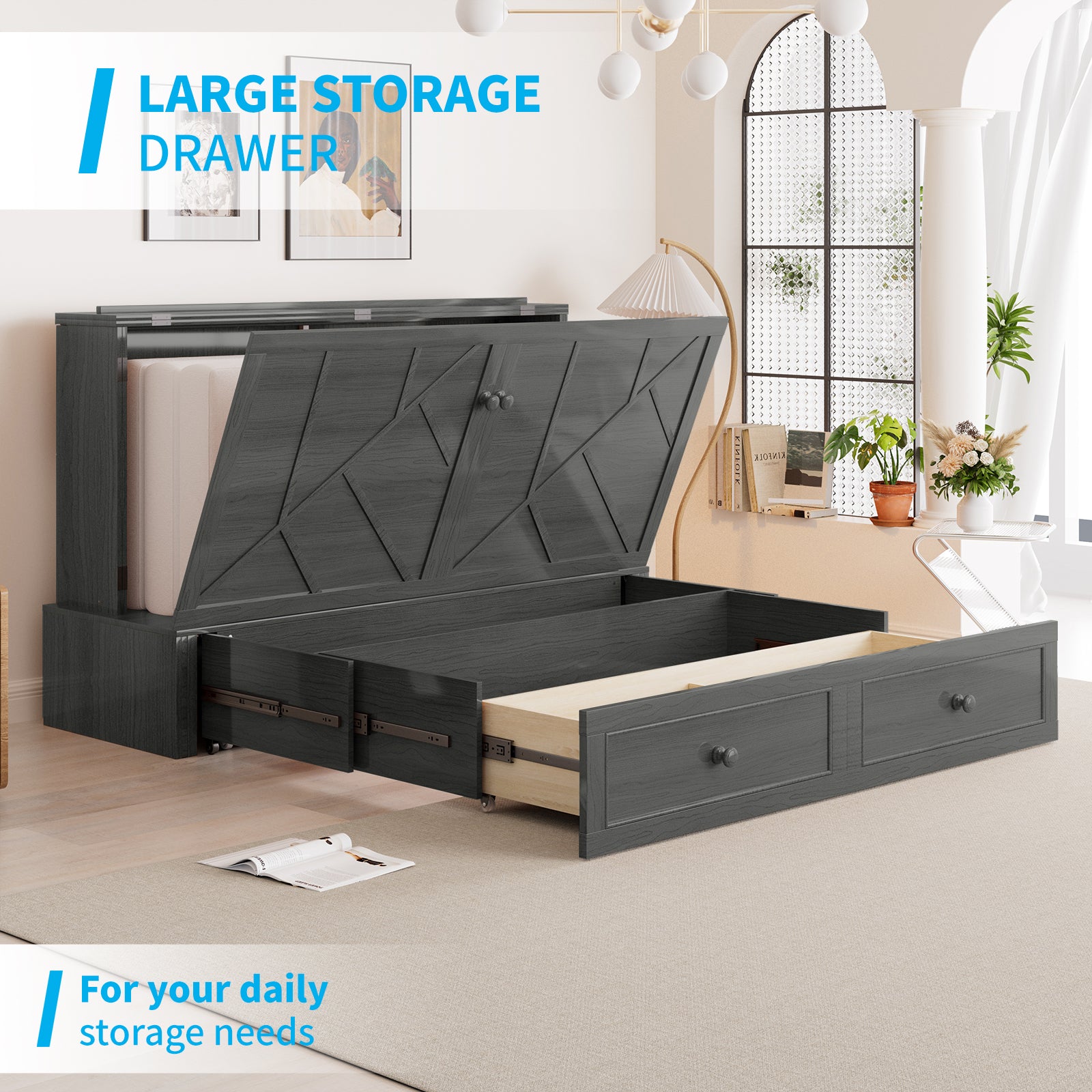 Puremind Queen Size Murphy Bed with Mattress, Murphy Cube Cabinet Bed with USB Charging Station and Large Storage Drawer, Murphy Chest Bed for Small Guest Room/Home/Office