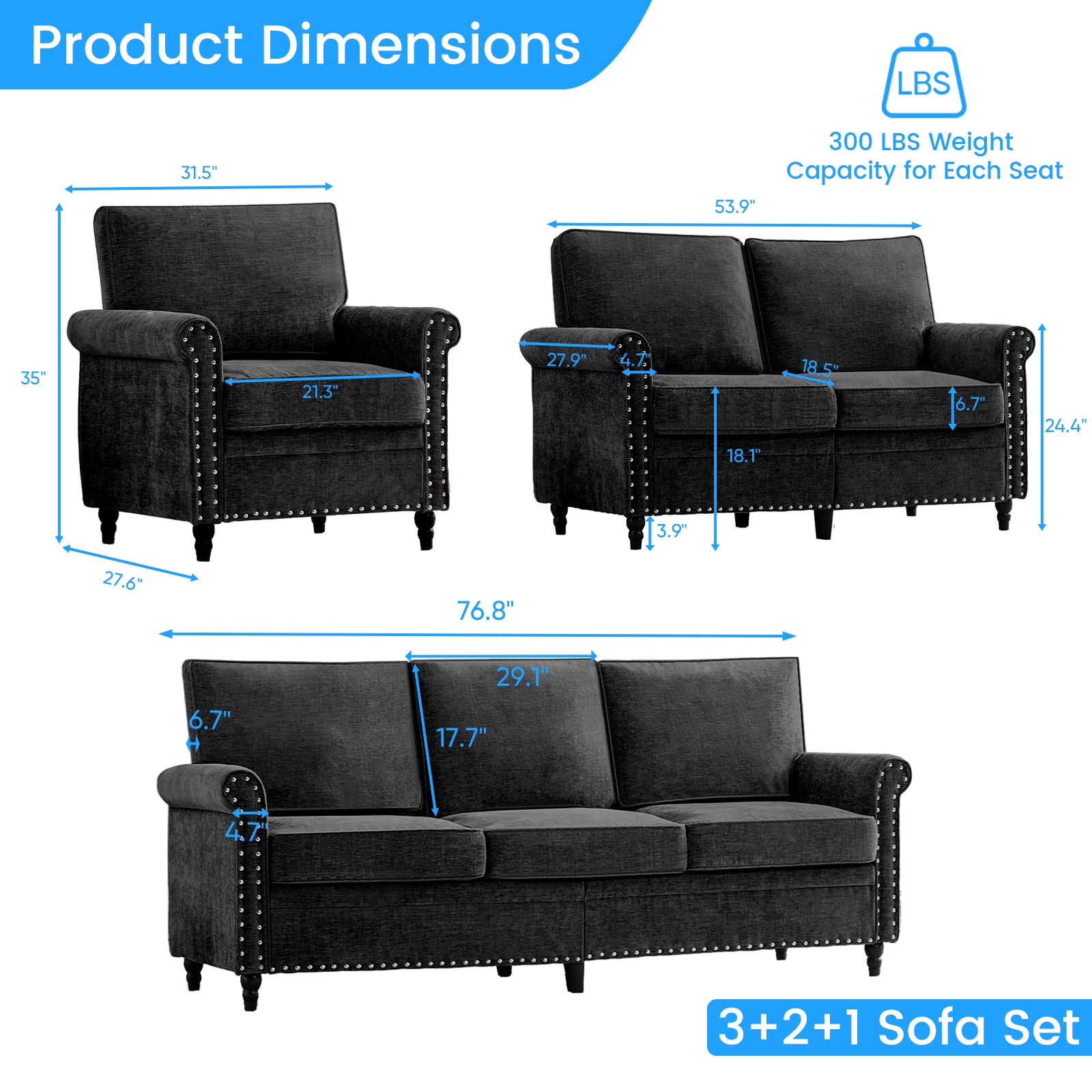 Puremind Living Room Furniture Sets, 3 Piece Sofa Set, Chenille Sectional Couches for Living Room/Apartment, Include Sofa, Loveseat and Armchair