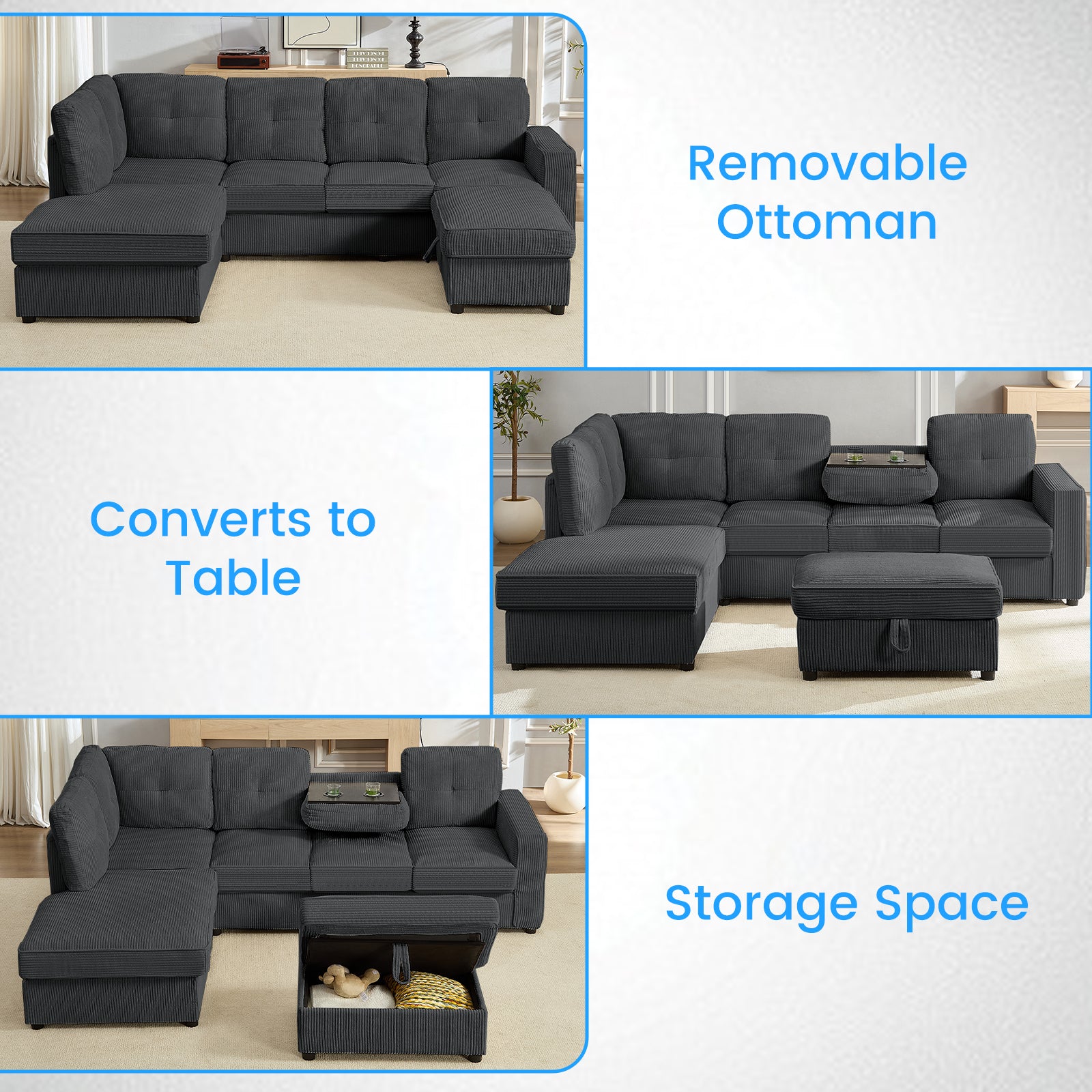 Puremind L Shaped Sectional Couch with Movable Storage Ottoman for Living Room, Corduroy U Shaped Sofa, Convertible Sleeper Sofa with Cup Holder