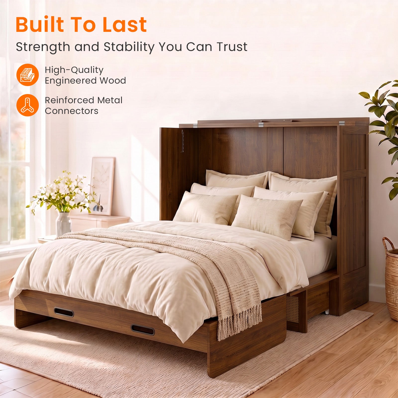 Puremind Queen Size Rattan Murphy Bed with Mattress, Hideaway Cabinet Bed with Charging Port and Storage Drawer for Home/Office