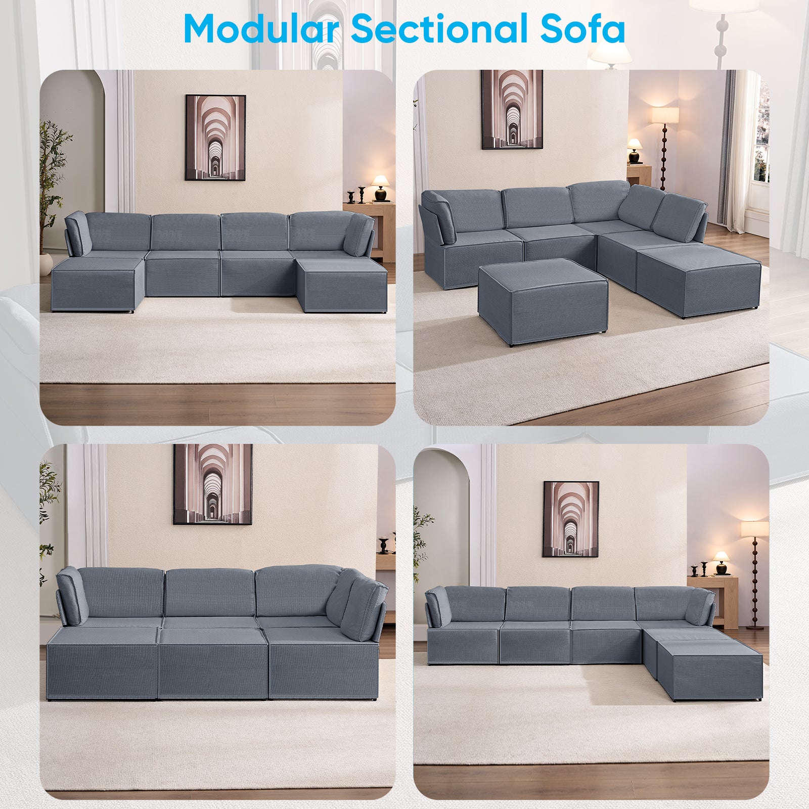 Puremind Modular Sectional Sofa with Movable Ottoman, Convertible U Shaped Couch, Linen 6 Seater Free Combination Sleeper Sofa for Living Room