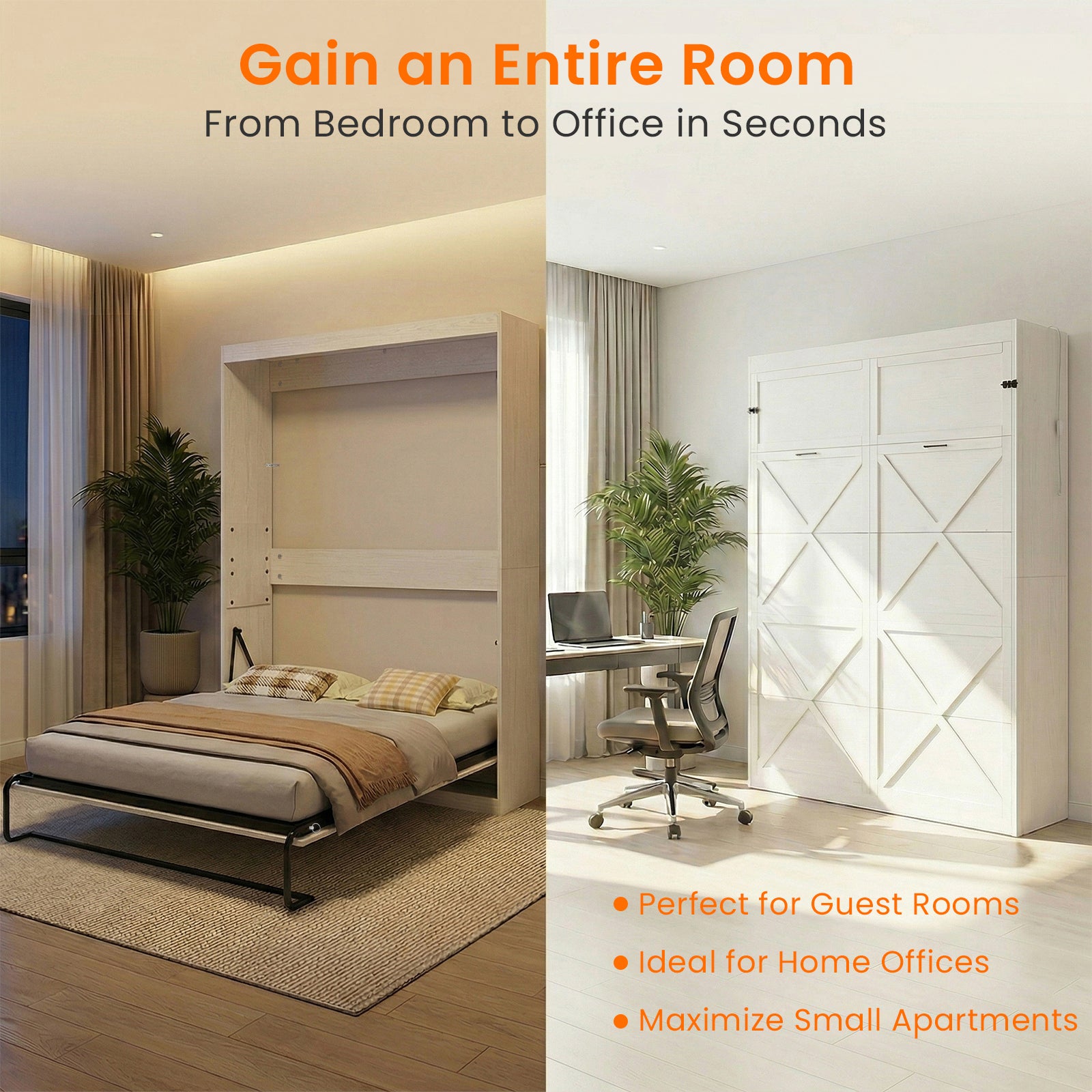 Puremind Murphy Bed with LED Lights, Hidden Murphy Wall Bed with Gas-Lift, Cabinet Bed for Bedroom/Guest Room, Without Mattress