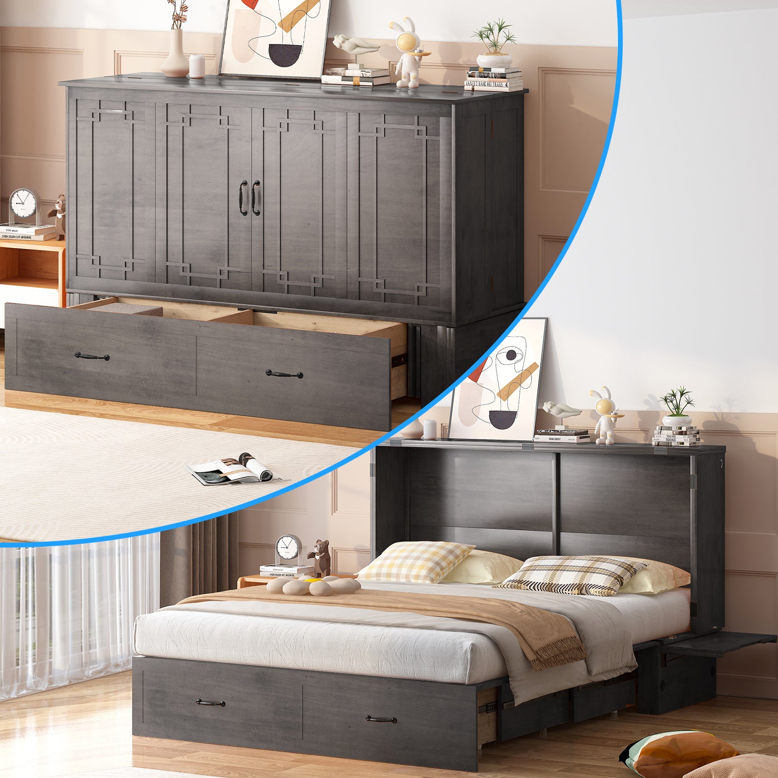 Puremind Queen Murphy Bed with Foam Mattress | Charging Station | Drawer, Foldable Cabinet Bed, Space-Saving Bed for Bedroom/Studio/Guest Room