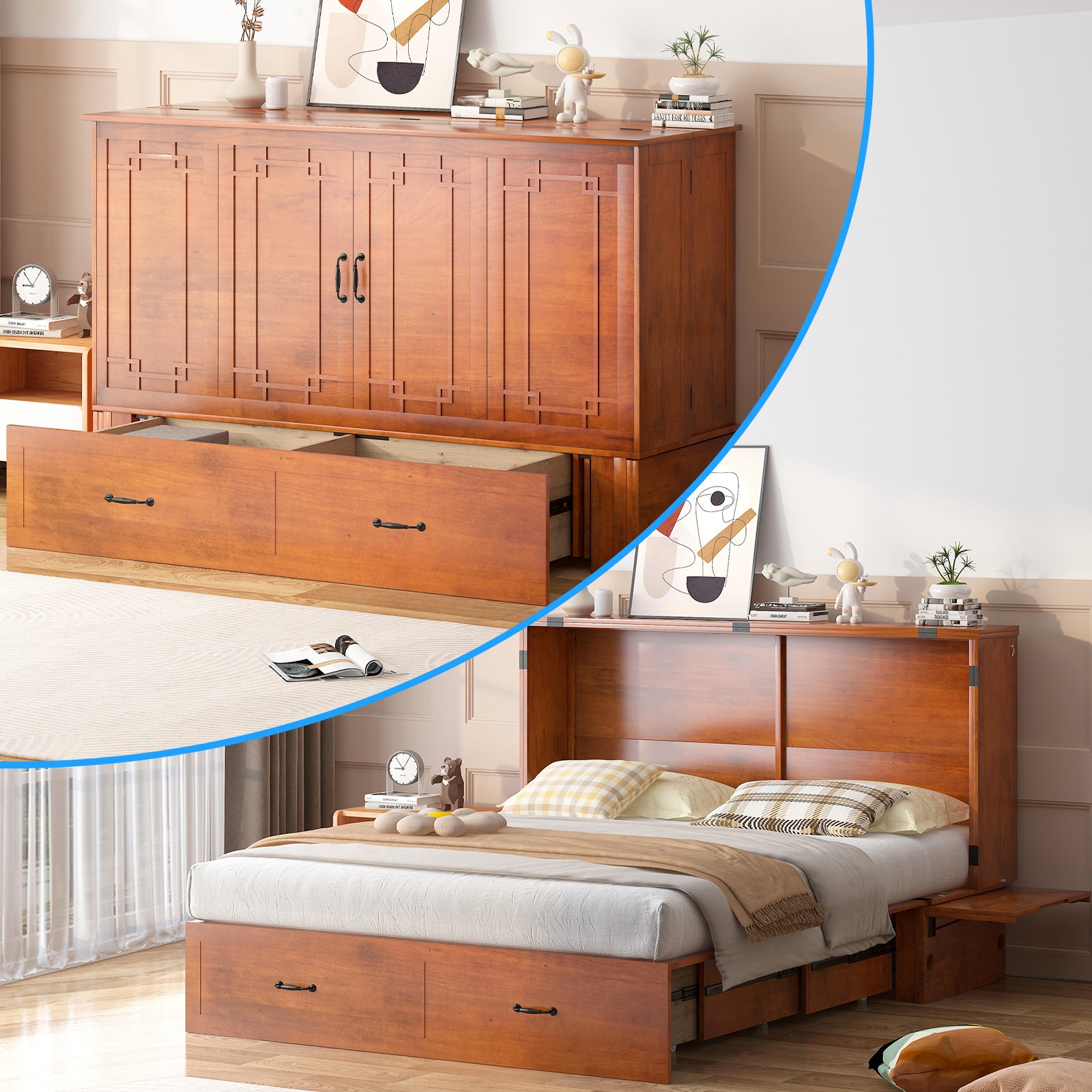 Puremind Queen Murphy Bed with Foam Mattress | Charging Station | Drawer, Foldable Cabinet Bed, Space-Saving Bed for Bedroom/Studio/Guest Room