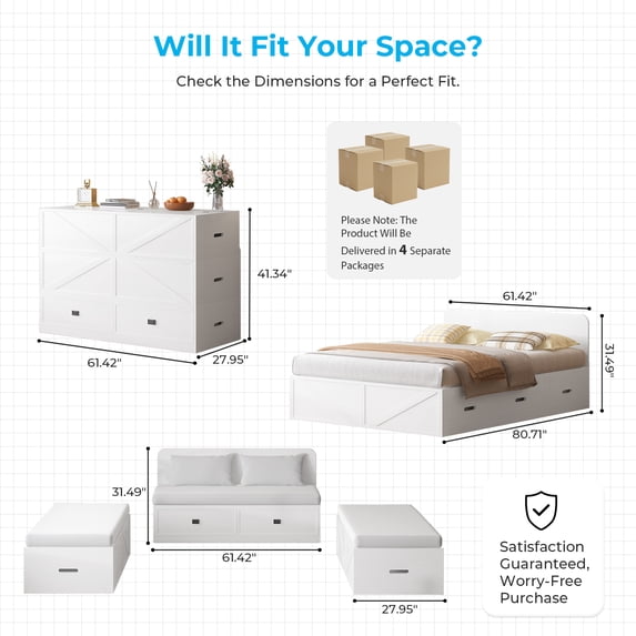 Mjkone Full Murphy Bed with Mattress Included,Murphy Cabinet Bed with Storage Drawers,Multifunctional Cabinet Beds for Living Room/Bedroom