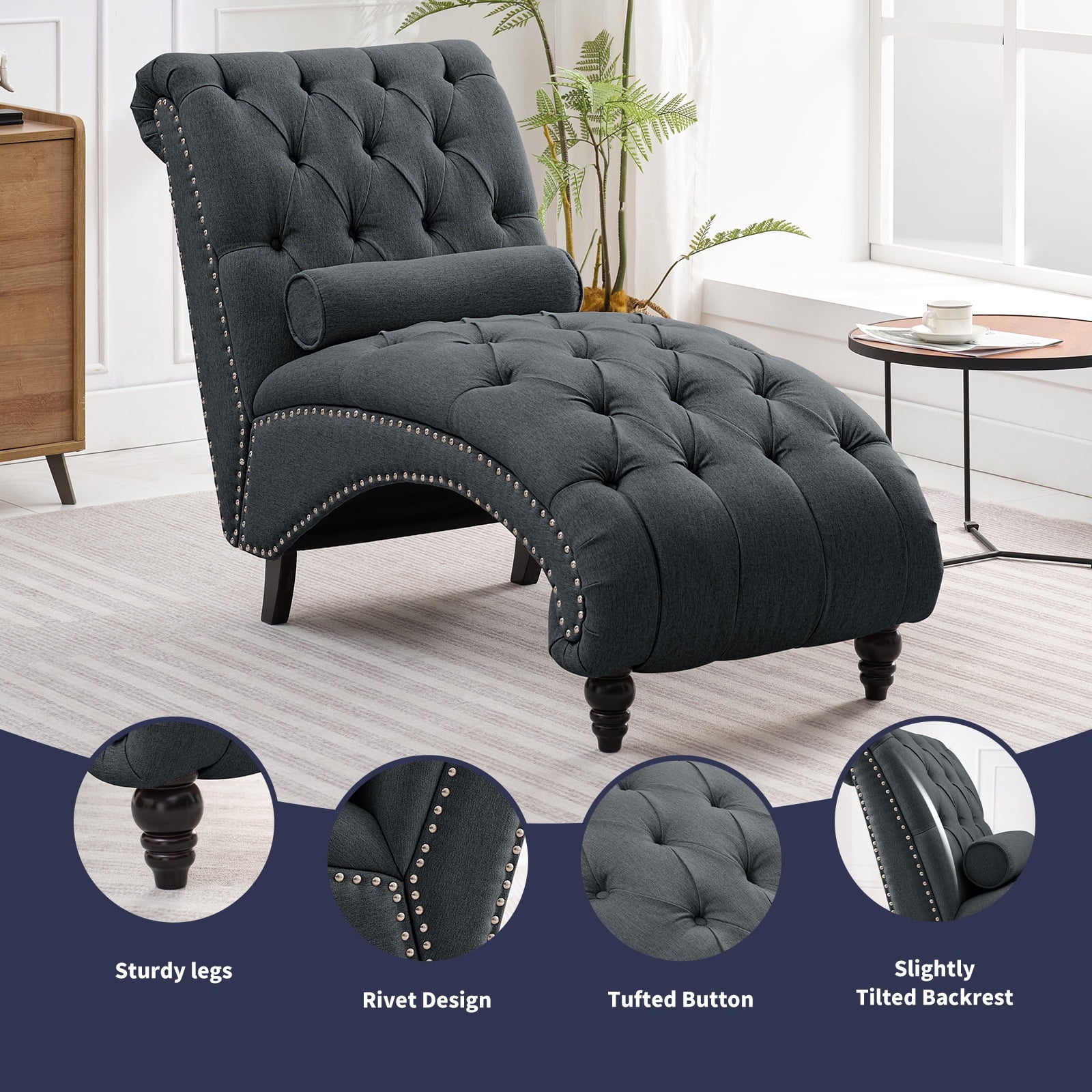 ZAFLY Chaise Lounge Indoor, Lounge Chair with Wood Legs, Leisure Accent Chair, Upholstered Lounge Couch for Bedrooom/Living Room