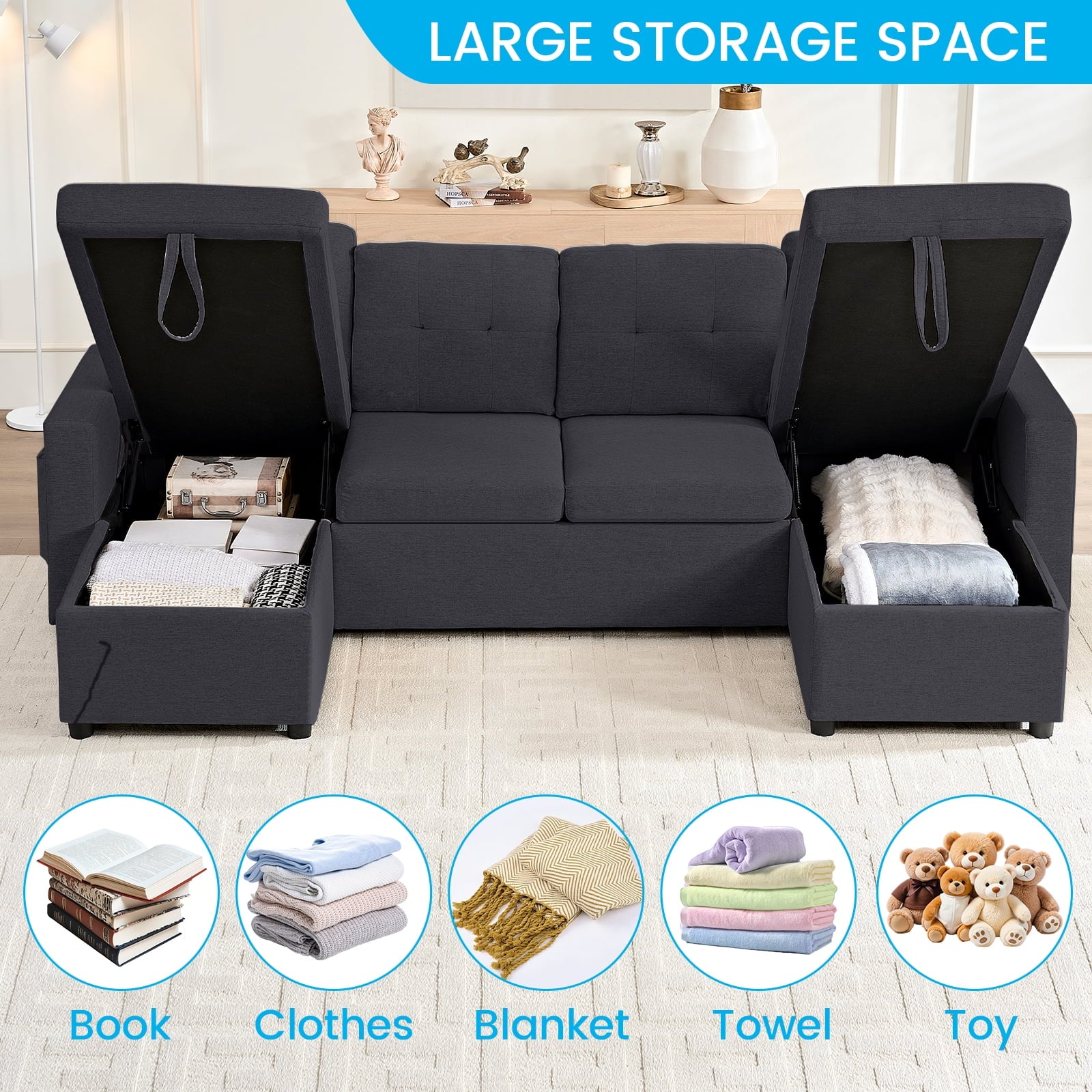 Mjkone Oversized U Shaped Sectional Sleeper Sofa Bed with Double Storage Chaise,Convertible Pull Out Couch Bed with Side Pocket for Living Room/Apartment,
